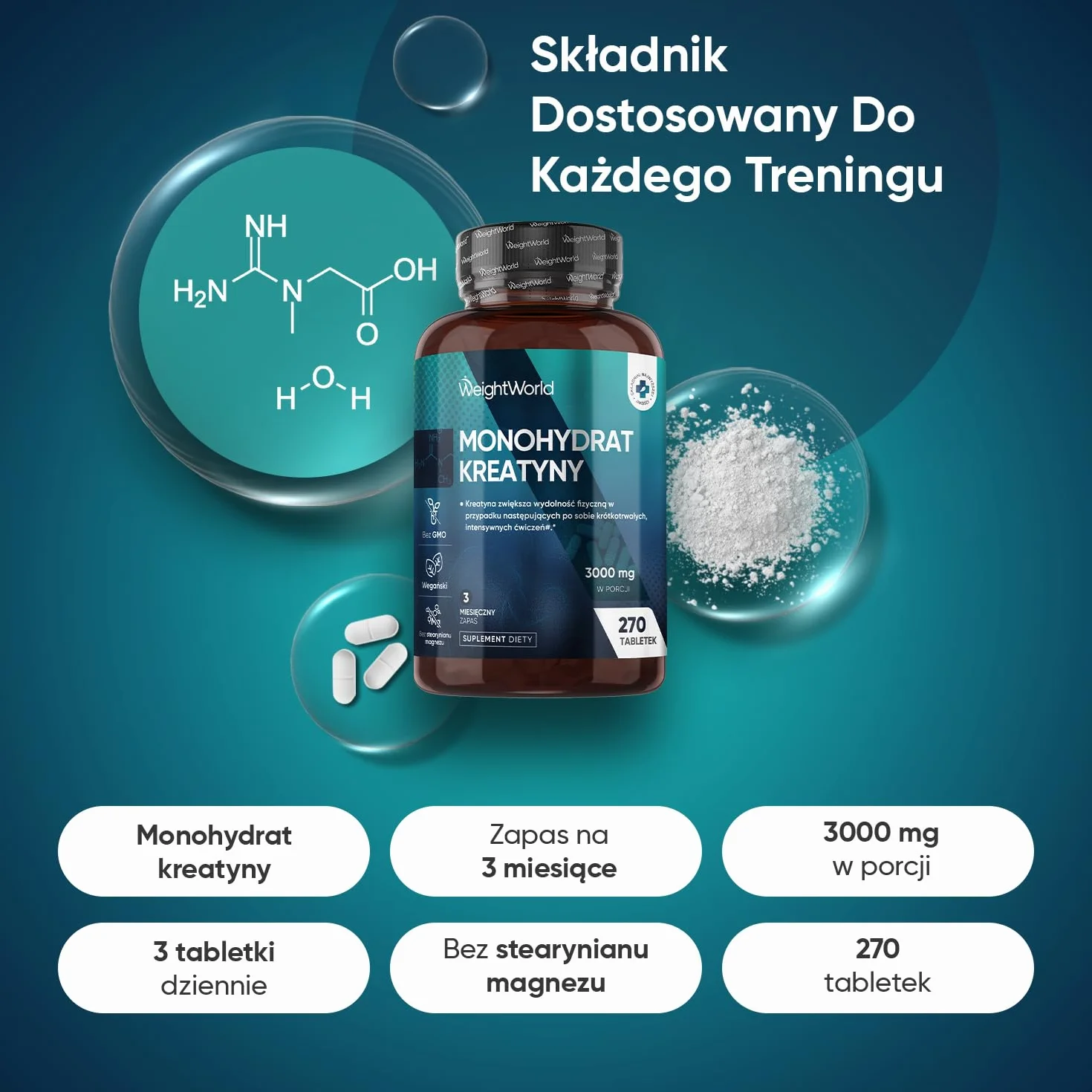 Monohydrat kreatyny 3000 mg 270 wegańskich tabletek suplement diety bez GMO