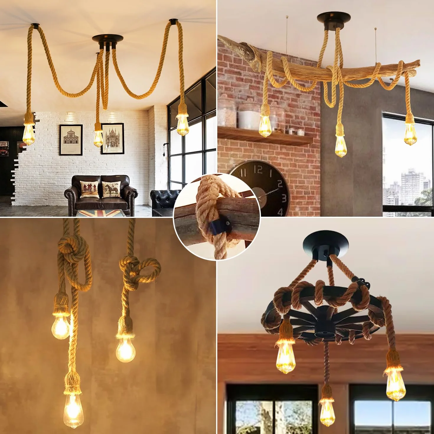 ANWIO Lampa sufitowa z liny konopnej, pająk, żyrandol, lina konopna, "zrób to sam", lampa sufitowa retro, lampa wisząca E27, do jadalni, salonu, jadalni, hotelu, dekoracja (6 żarówek)