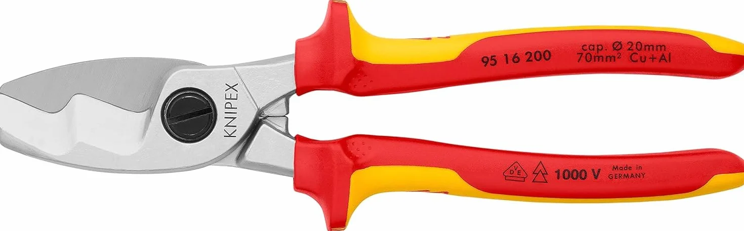 KNIPEX Nożyce do kabli z podwójnym ostrzem w opakowaniu z zawieszką chromowany z wielokomponentowymi osłonkami, izolowane wg VDE 200 mm, 95 16 200 SB