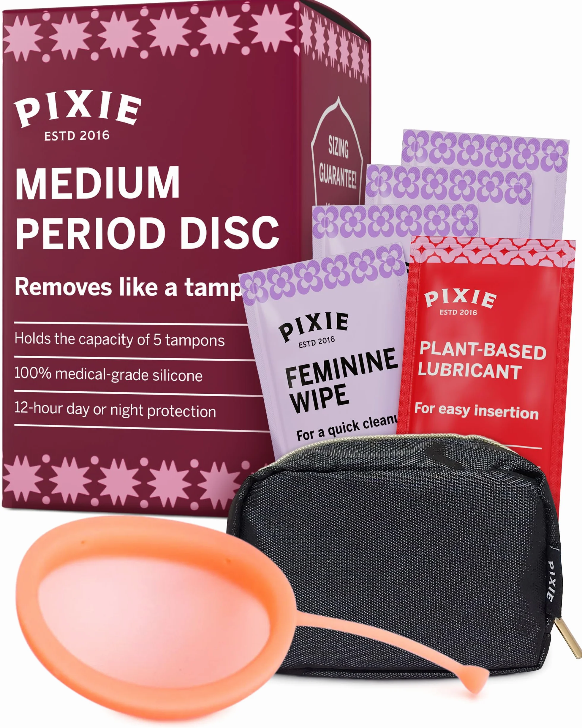Pixie dysk menstruacyjny – bez metali i toksyn – 100% silikon medyczny – nr 1 dla miękkości wielokrotnego użytku – wkładanie/wyjmowanie tamponów – 12 godzin – pojemność 7 tamponów (M)