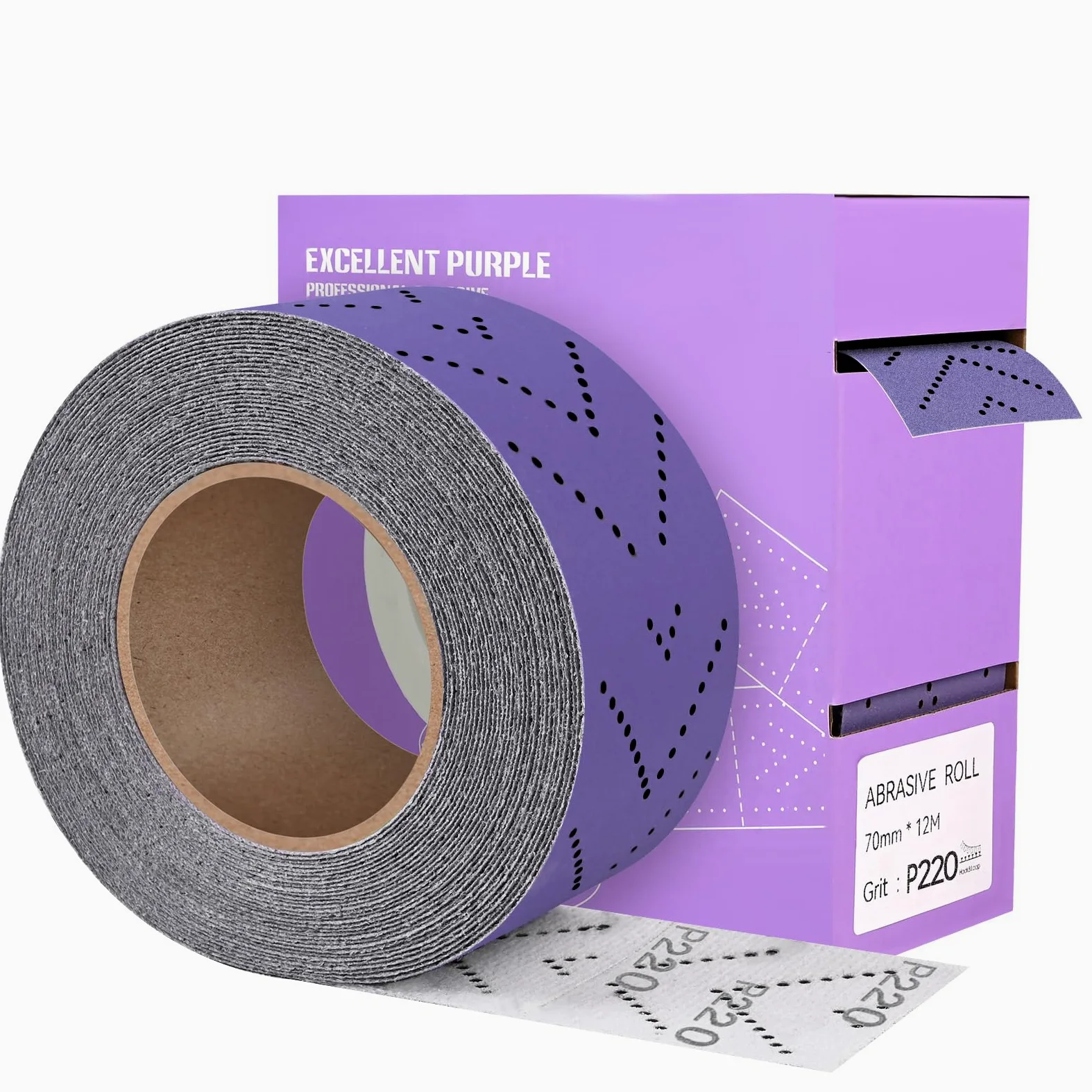 Papier ścierny w rolce Multi-Hole, 70 mm x 12 m, rolka arkusza szlifierskiego, ziarnistość 220, wstępnie cięte, ręcznie rozdarty, papier ścierny, fioletowy, rolka szlifierska ceramiczna do