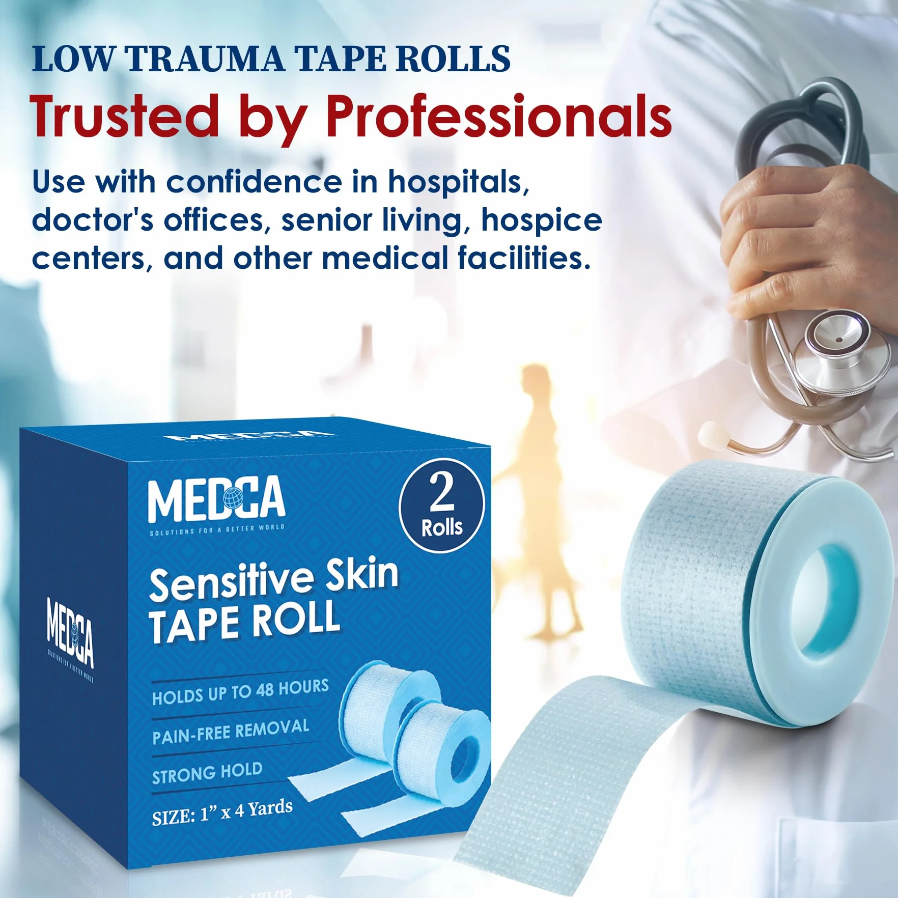 MEDca Sensitive Skin Low Trauma Tape Roll, 1 in x 4 yds, 2-Pack