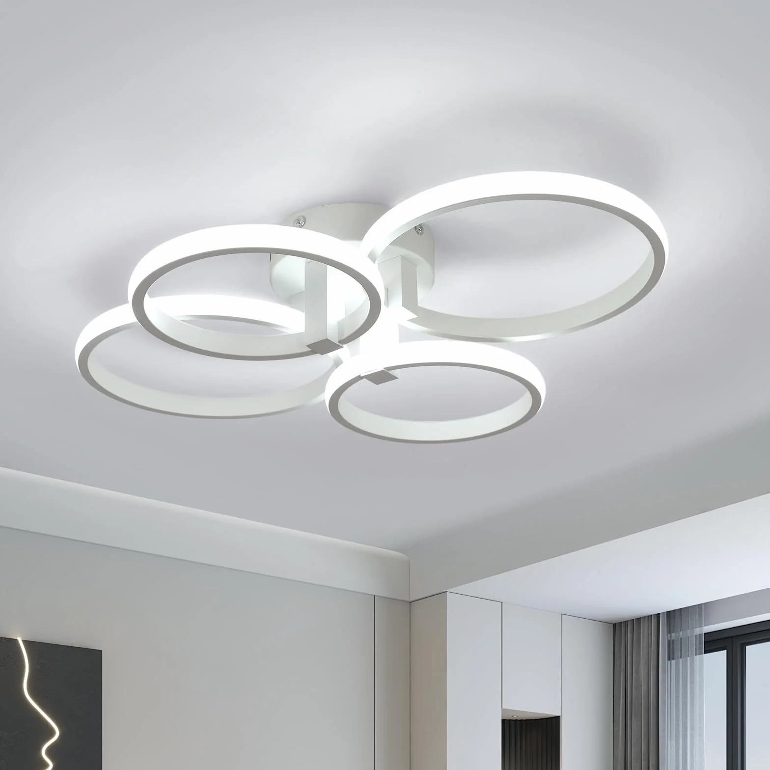 Nowoczesna lampa sufitowa LED, 48W 5400LM okrągła lampa sufitowa LED, metalowy biały żyrandol LED do salonu, sypialni, kuchni, jadalni, 6500K zimne białe światło