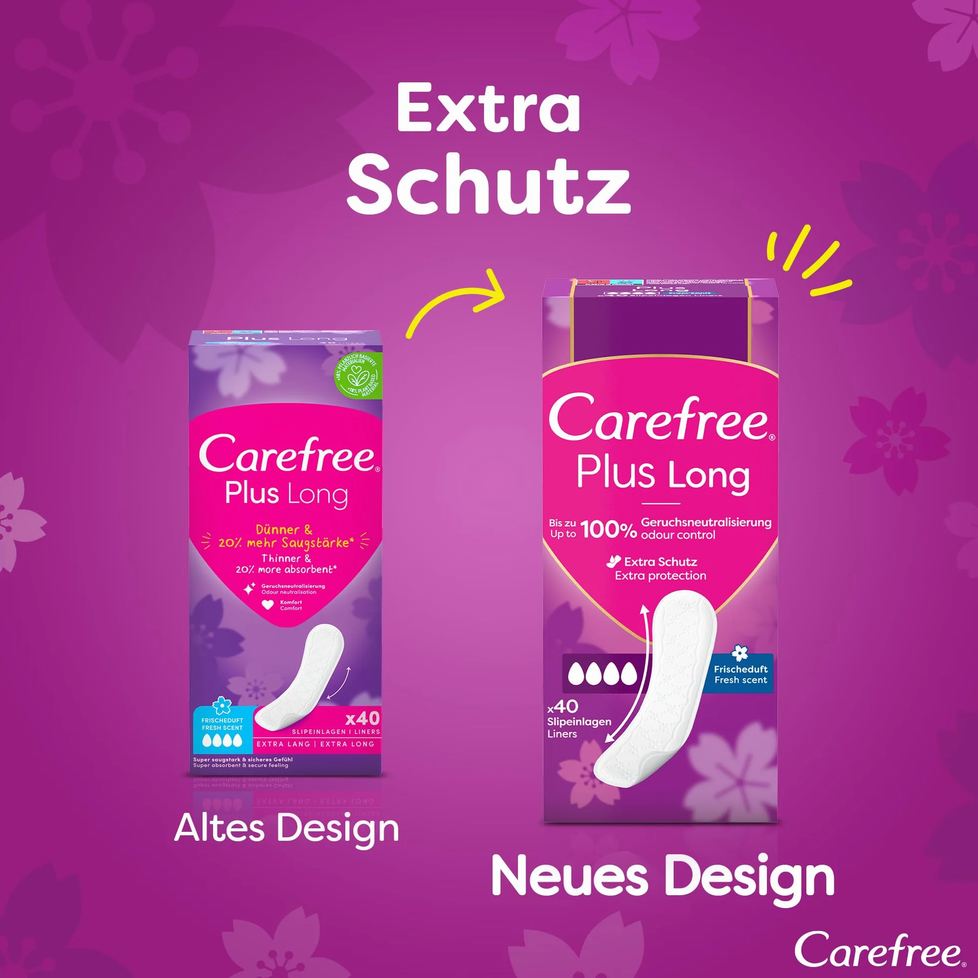Carefree Wkładki Plus Long o świeżym zapachu (5 x 40 sztuk), super chłonne, aby natychmiast wlać płyny, rozmiar Plus Long