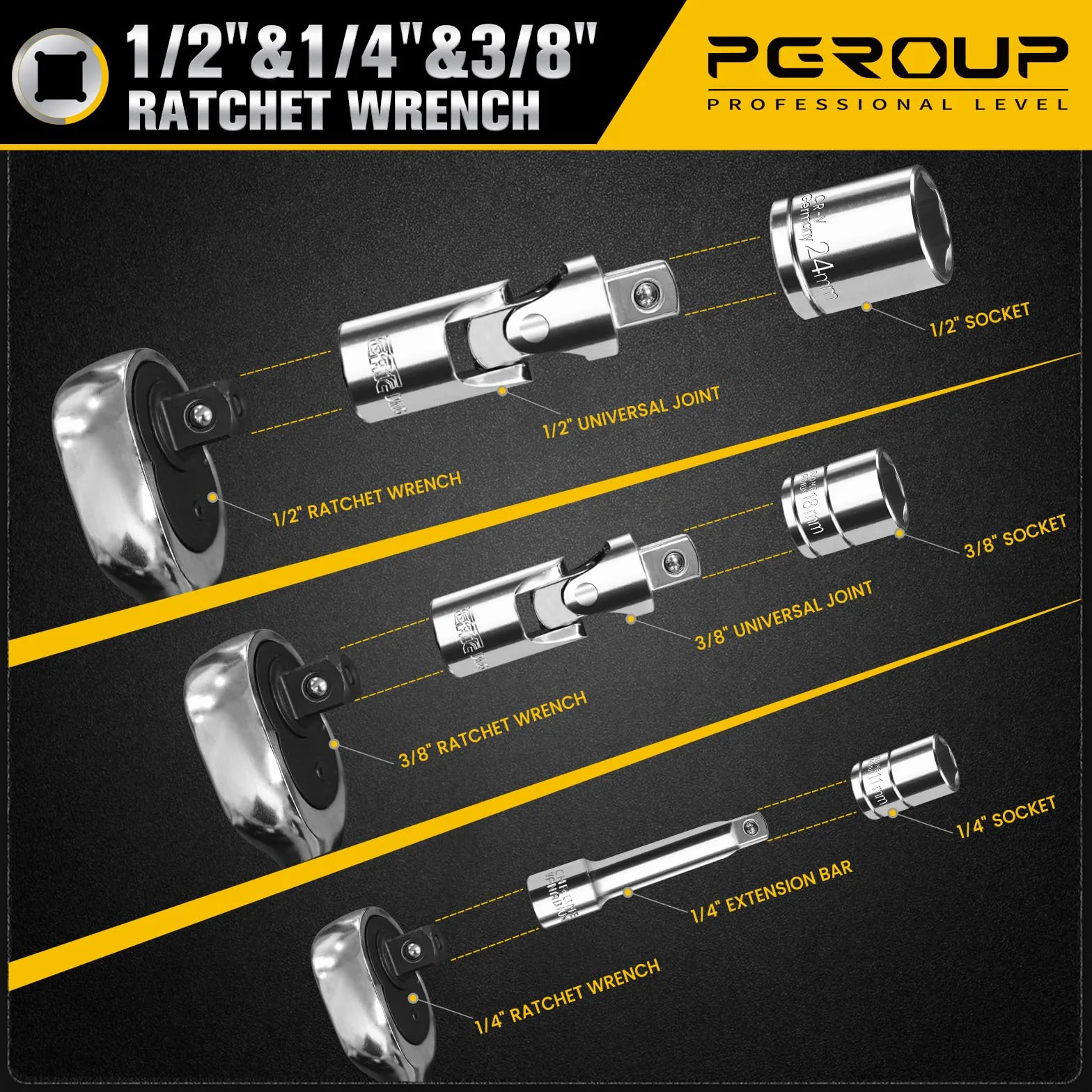 123-częściowy zestaw nasadek napędowych 1/10.2 cm 3/20.3 cm 1/5.1 cm, płytkie i głębokie, zestaw narzędzi mechanicznych, standardowe 6-punktowe rozmiary metryczne (4 mm-32 mm), stal