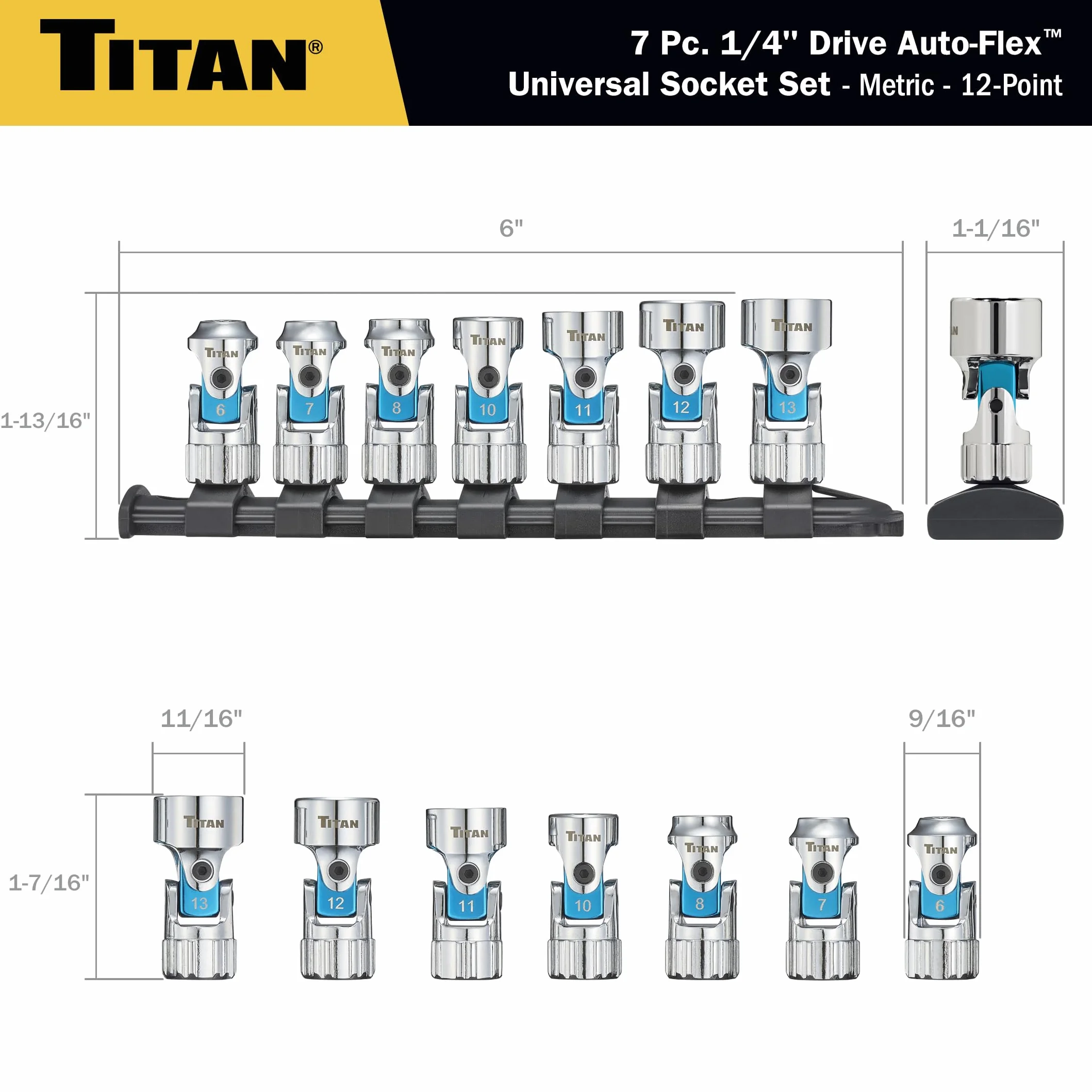 Titan 66840 7-częściowy uniwersalny zestaw nasadek z napędem 1/4-calowym metrycznym Auto Flex