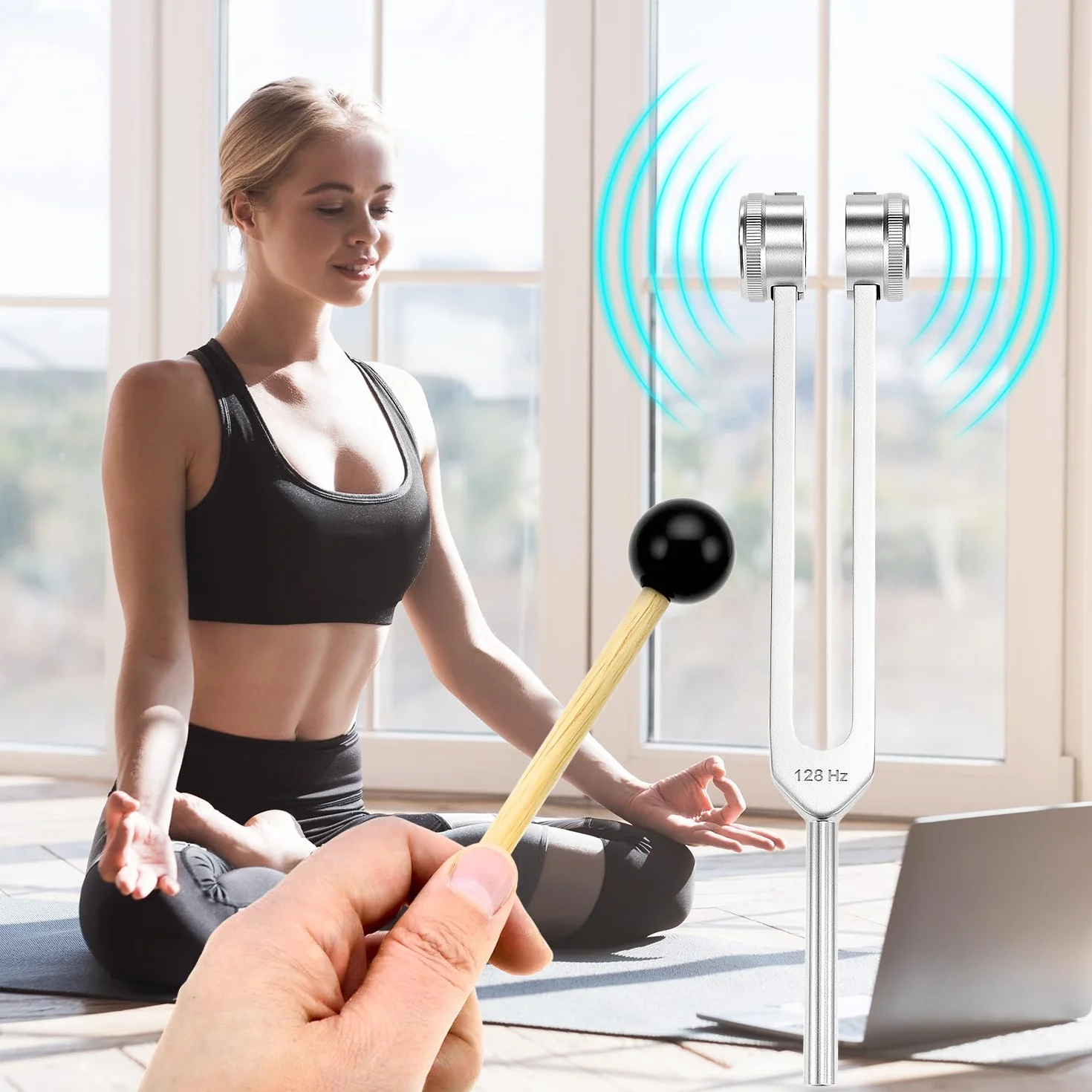 QWORK® Zestaw widelców tuningowych, 128 Hz, 256 Hz, 512 Hz, wysoka precyzja do uzdrawiania, medytacji, terapii dźwiękiem – w zestawie młotek silikonowy