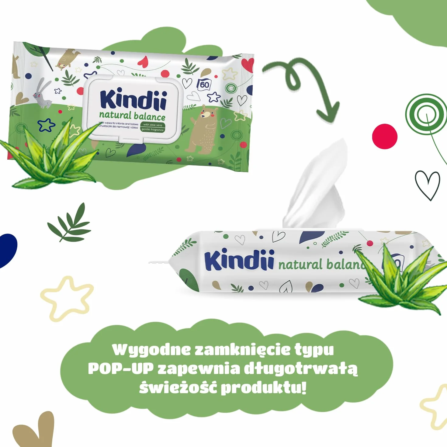 Kindii chusteczki nawilżane dla niemowląt i dzieci Natural Balance - działanie ochronne, nawilżające, regenerujące - delikatny zapach - zawierają alantoinę, emolienty - aloes - neutralne pH - 60 sztuk