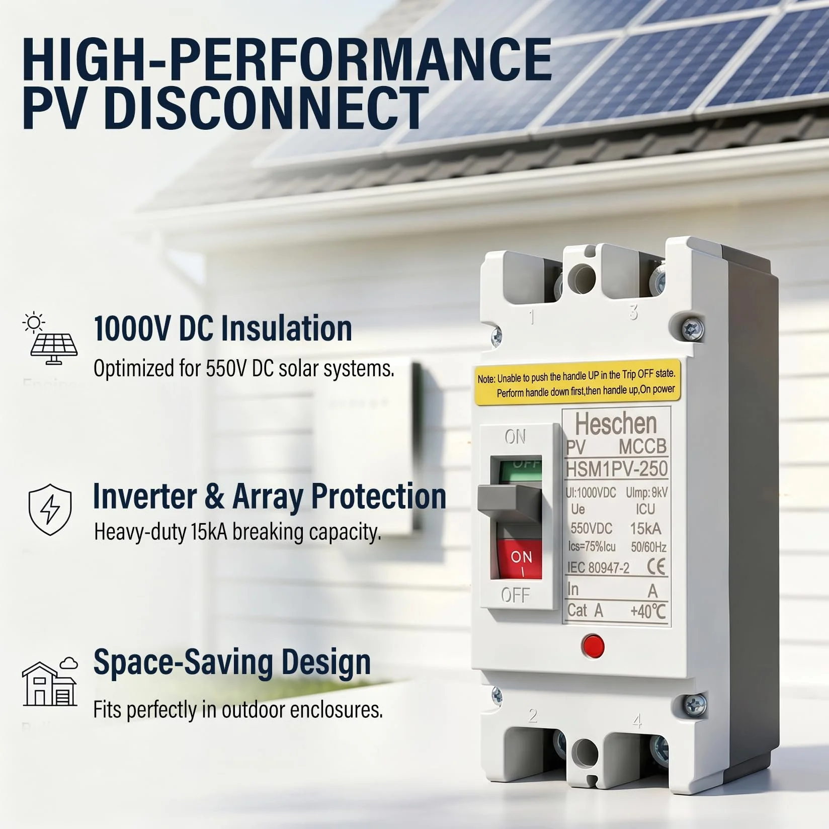 Heschen Wyłącznik DC MCCB, 2-biegunowy, DC550V, wyłącznik fotowoltaiczny, do instalacji solarnych PV, moduły solarne, system sieciowy (125A, HSM1PV-250)