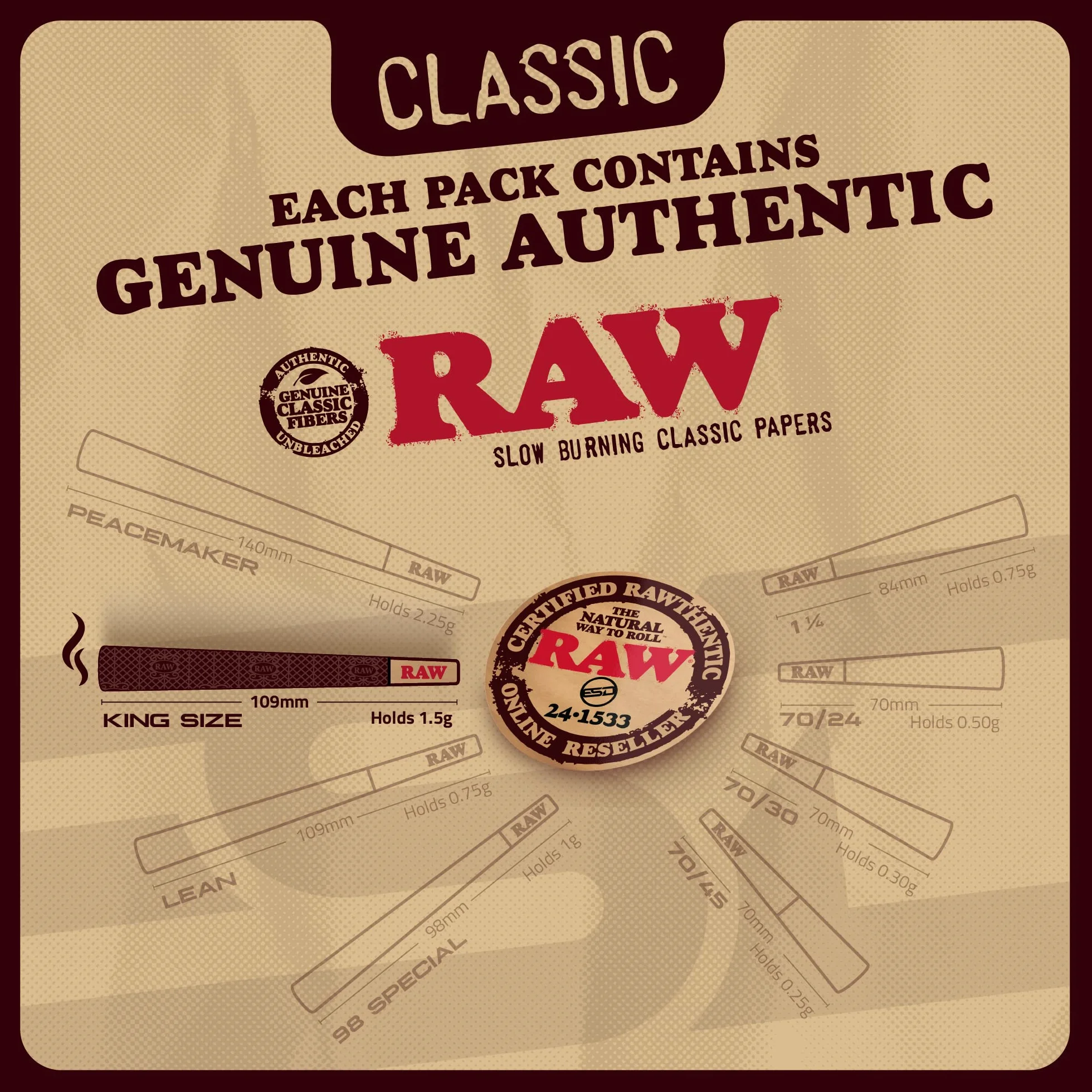 RAW Stożki Classic King Size, 50 sztuk, naturalny wstępnie zwinięty papier do ciasta z końcówkami i patyczkami do pakowania w zestawie