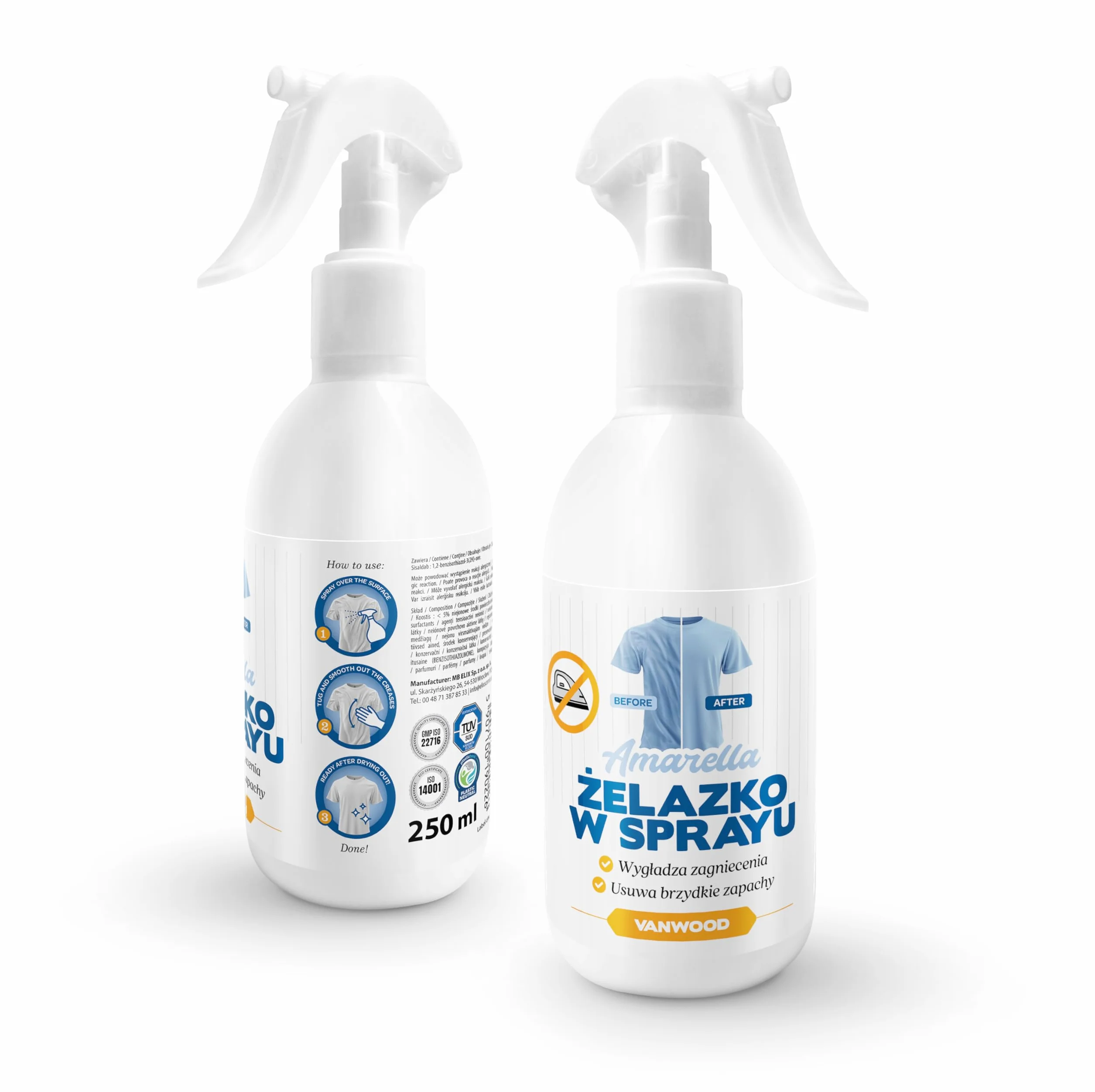 AMARELLA żelazko w sprayu zapach Crease Releaser Vanwood 250 ml wygładza prasowanie bez żelazka