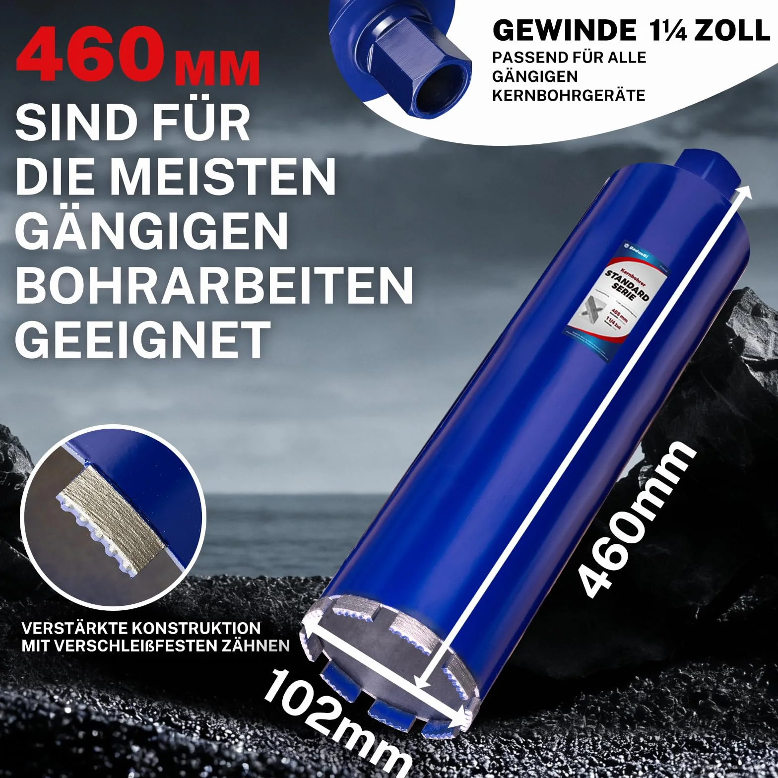 Wiertło rdzeniowe 102 mm – głębokość cięcia 410 mm, wiercenie na mokro diamentowa koronka wiertnicza do betonu zbrojonego, muru, kamienia naturalnego, cegły (długość całkowita 460 mm)