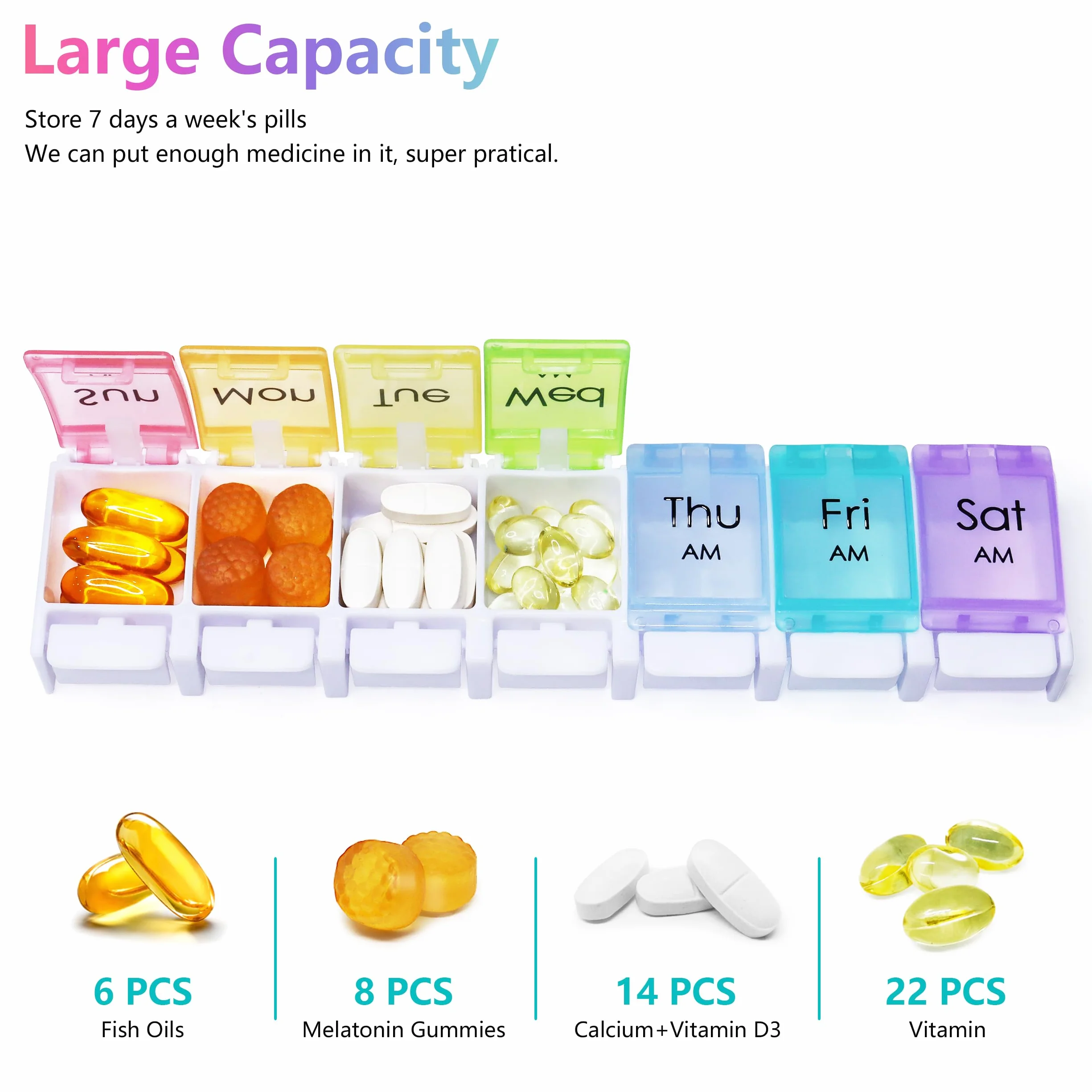 MOLN HYMY 7 Day Pill Organizer AM PM Large Capacity Weekly Pill Box Twice Daily Rainbow Morning Evening Pill Case 14 Dividers BPA-Free Medicine Organizer