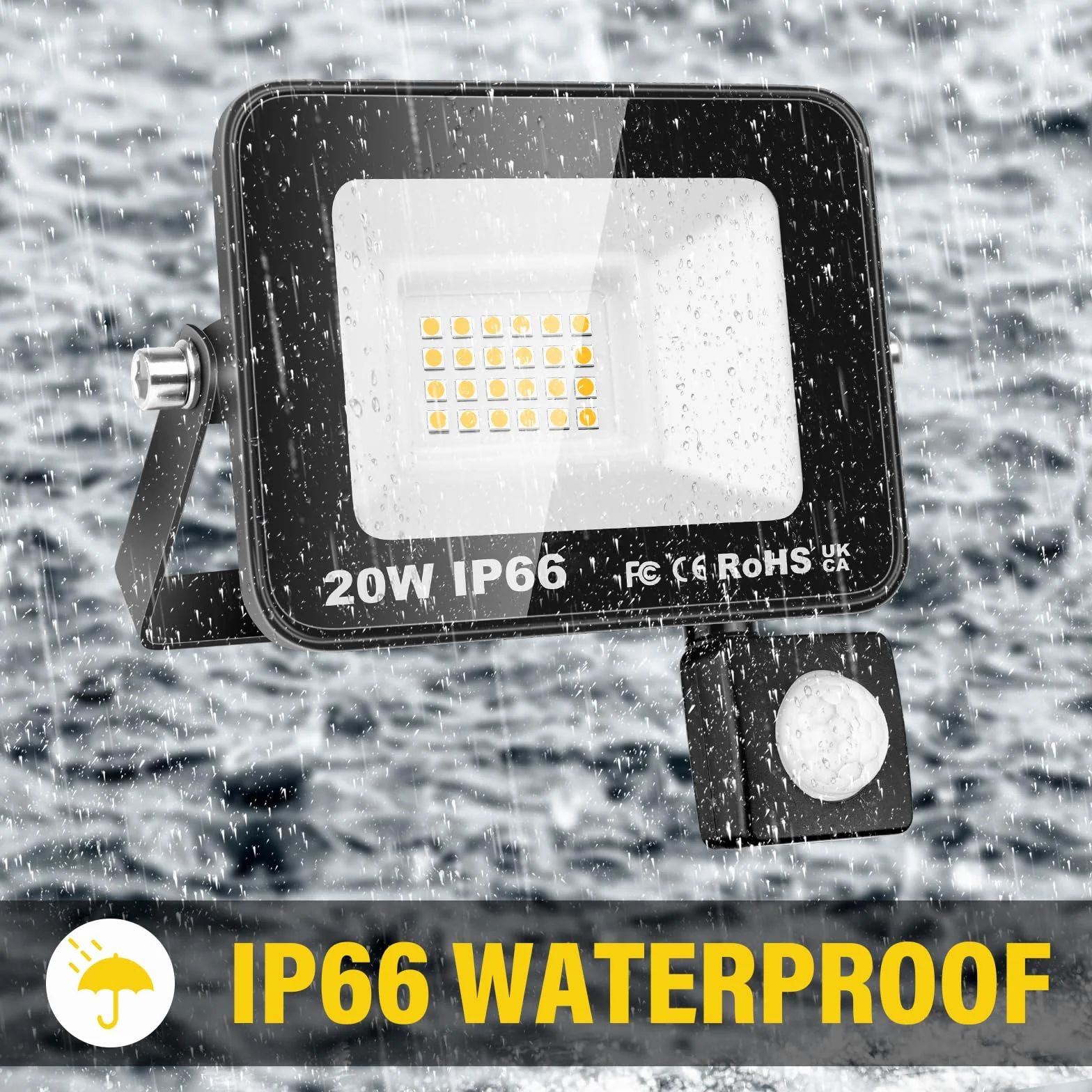 RIGIDON Reflektor LED z czujnikiem ruchu, 20 W, 2000 lm, reflektor zewnętrzny z czujnikiem ruchu, 3000 K, ciepła biel, wodoszczelny, lampa zewnętrzna, lampa zewnętrzna do ogrodu, garażu, podwórka, na
