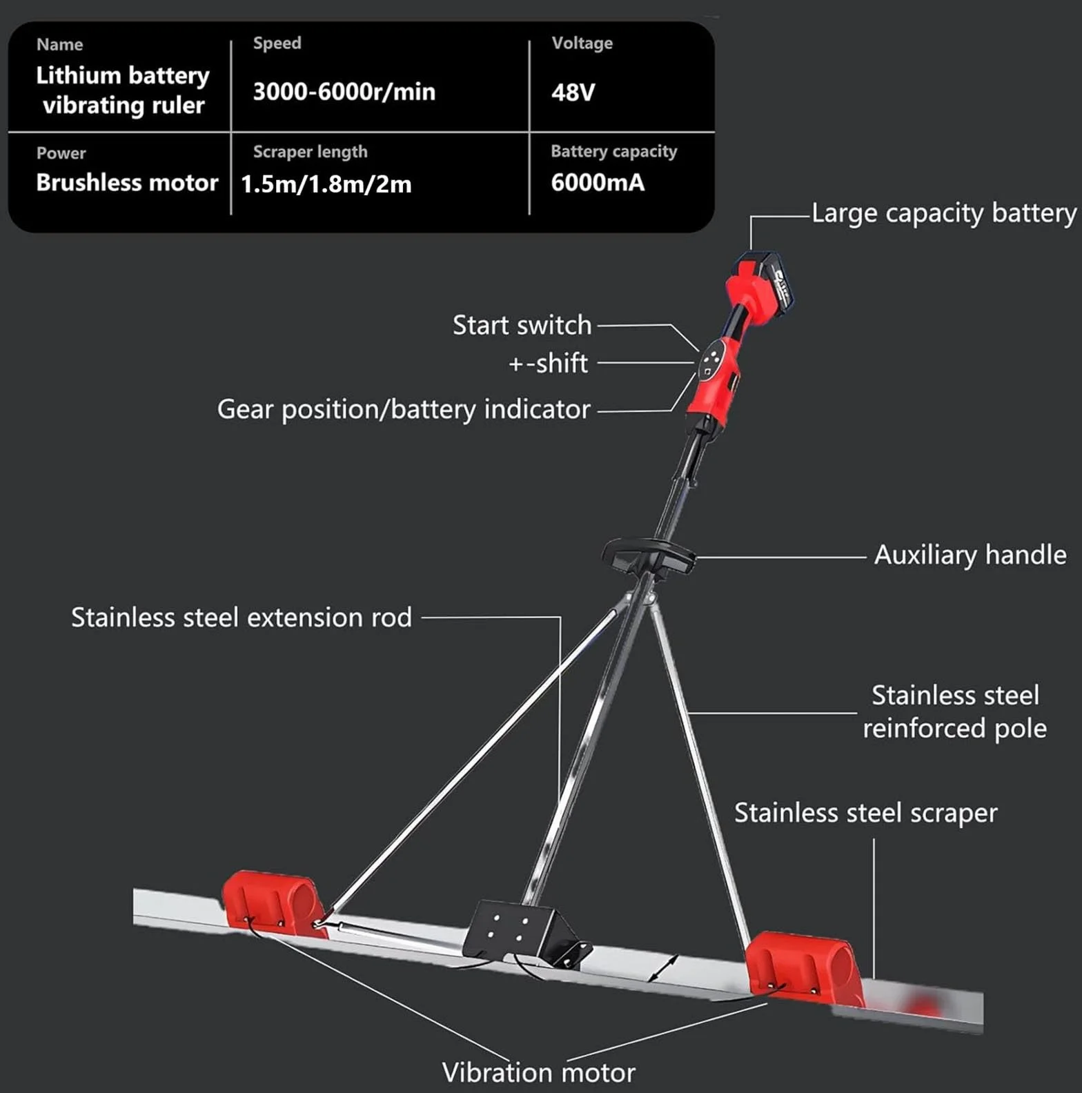 Ulepszony zestaw wibracyjny do wylewki betonowej, 6000 obr./min. 150 cm/180 cm/200 cm ze stali nierdzewnej, narzędzie do wykańczania betonu, elektryczny skrobak do betonu(2M)