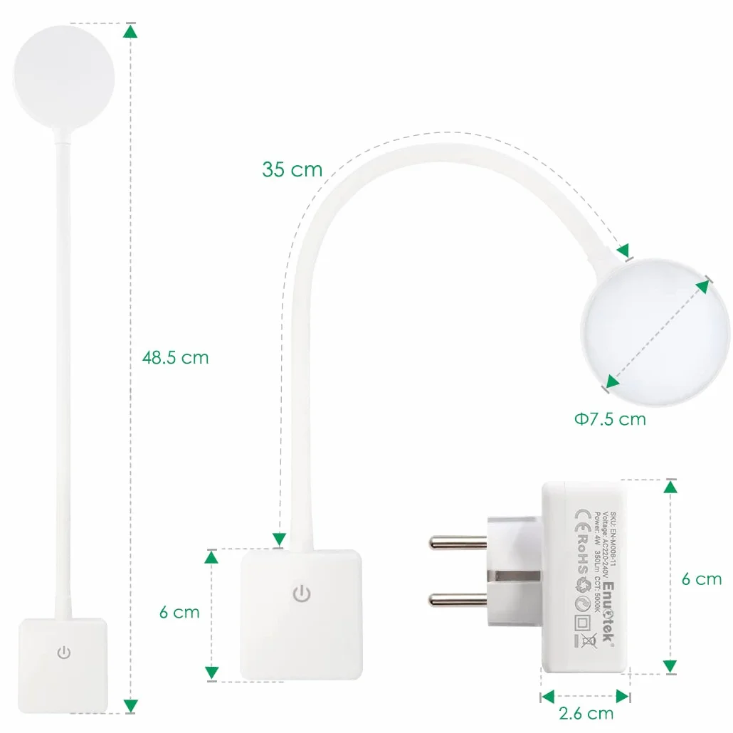ENUOTEK Lampa LED do czytania z białym gniazdem przy łóżku 4 W, montowana na ścianie, z dotykowym ściemniaczem 350 lm, oświetlenie sypialni, 2 lampki