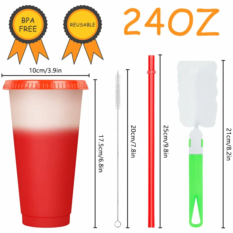 AUAUY Wielokrotnego użytku kubeczek zmieniający kolor, zestaw 6 sztuk, wolny od BPA, plastikowy kubek podróżny, 710 ml, kubeczek do lodów z pokrywką i słomką, butelka do koktajli mlecznych, magiczny