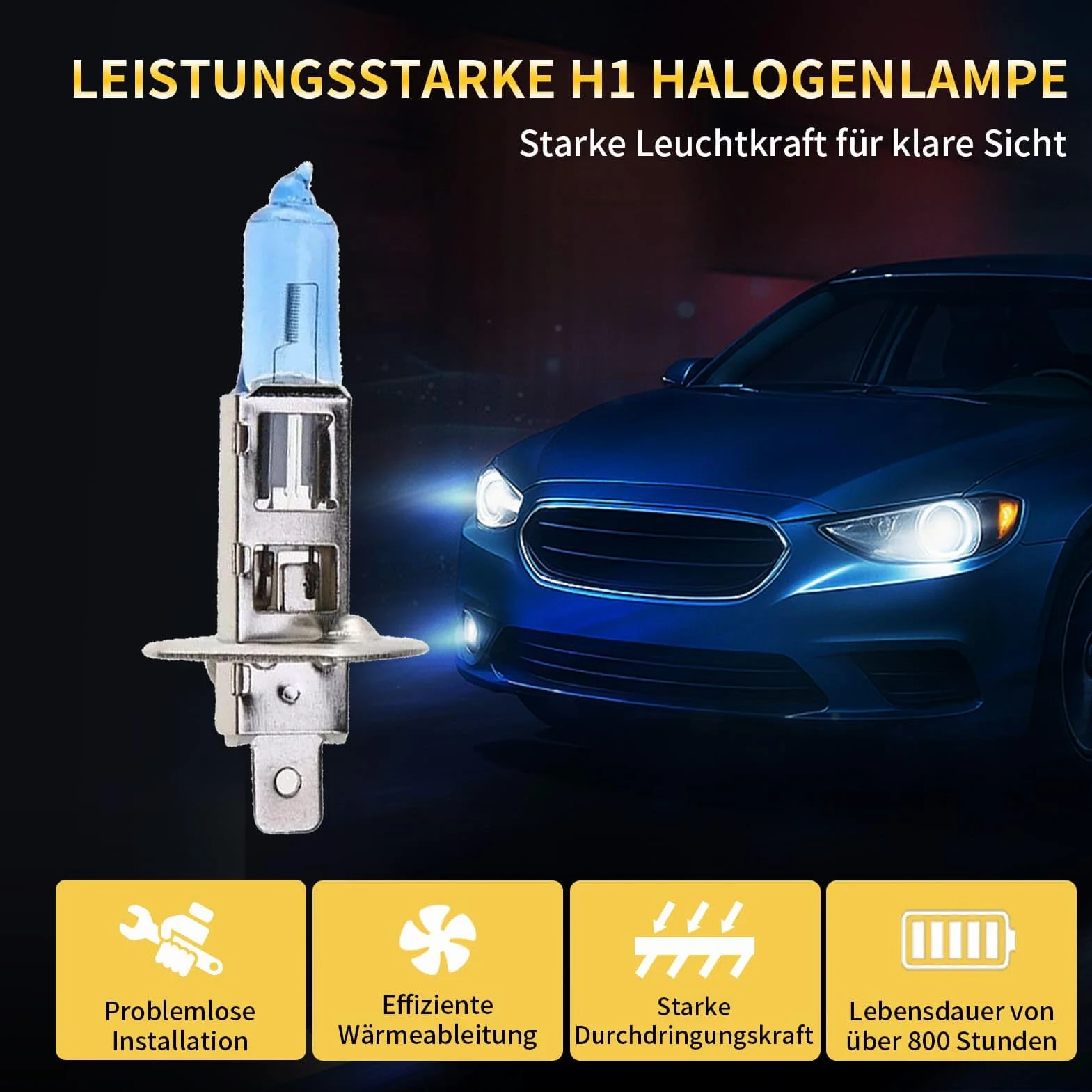 H1 Halogen Auto Lampe 12V 60W – Extra Hell & Ultra Langlebig – 6000K Weißlicht für Klarere Nachtsicht – Stoßfest, Plug-&-Play H1 Scheinwerfer für Abblendlicht & Fernlicht (2 Stück)