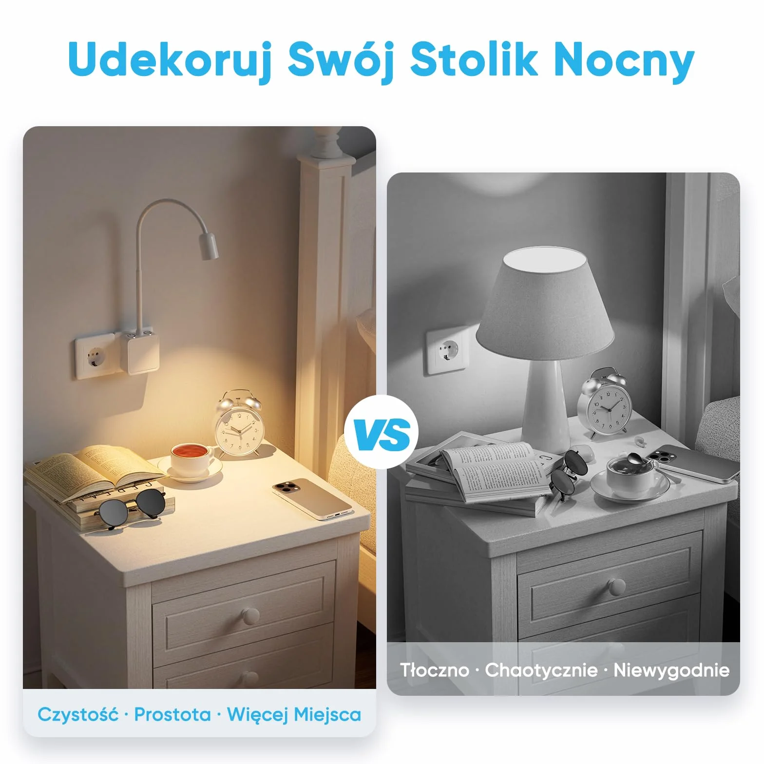 Lampka Nocna do Czytania Na Ścianę LED, Biała Lampa na Wysięgniku Ścienna do Czytania LED z Wtyczką, 3 Tryby Kolorów, Oświetlenie Punktowe 50°, Dwa Przełącznik Dotykowy