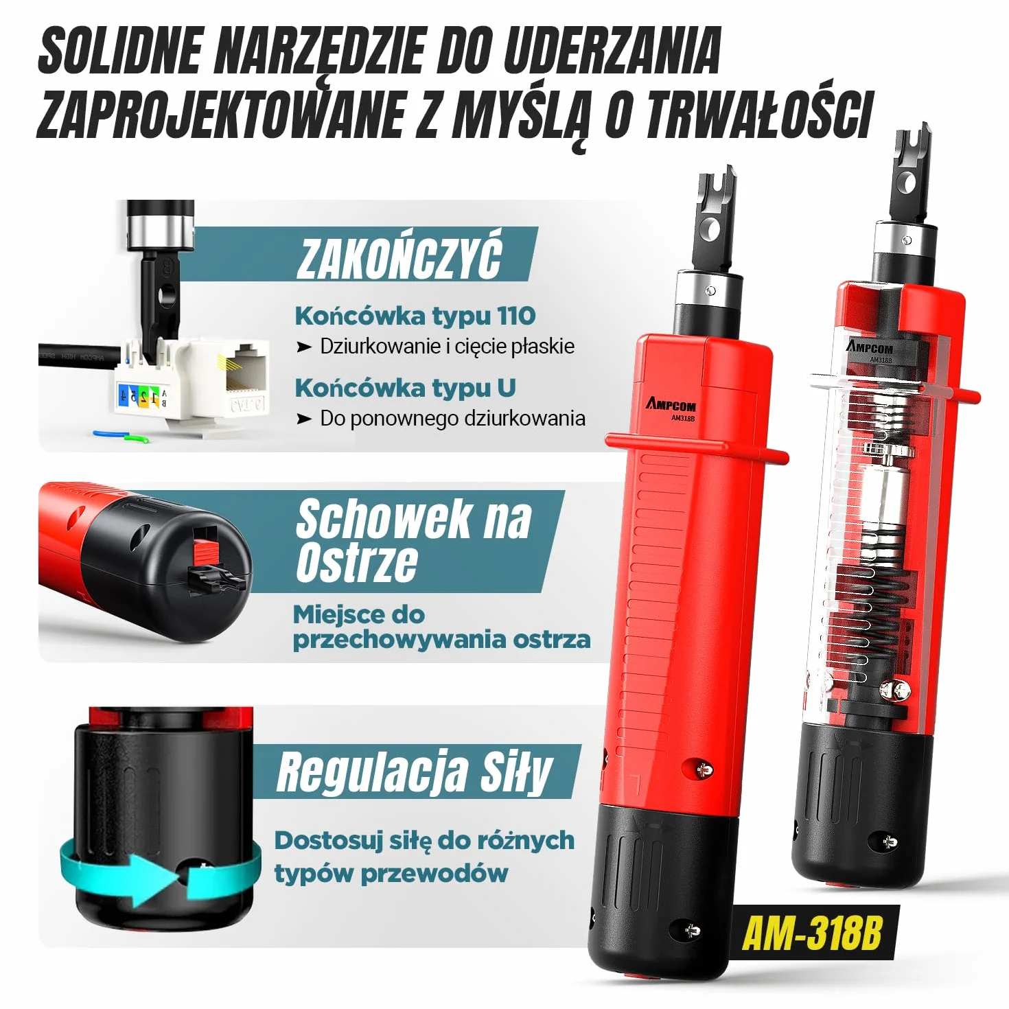 AMPCOM Zestaw narzędzi do zaciskania Ethernet 10 w 1, zestaw sieciowy RJ45/RJ11 z testerem RJ45 do złączy Cat6/5e, zawiera 110 narzędzi do dziurkowania i ściągacza przewodów