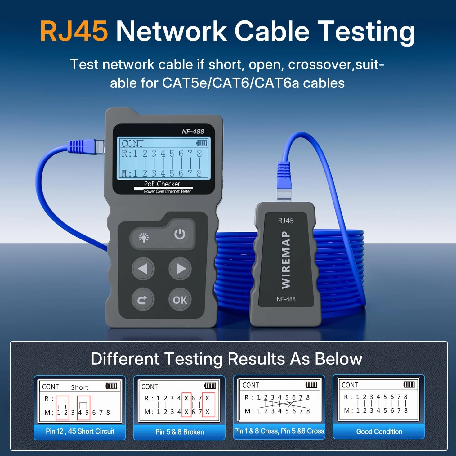 Mcbazel Tester sieciowy RJ45 z wyświetlaczem LCD, tester kabli sieciowych z funkcją POE