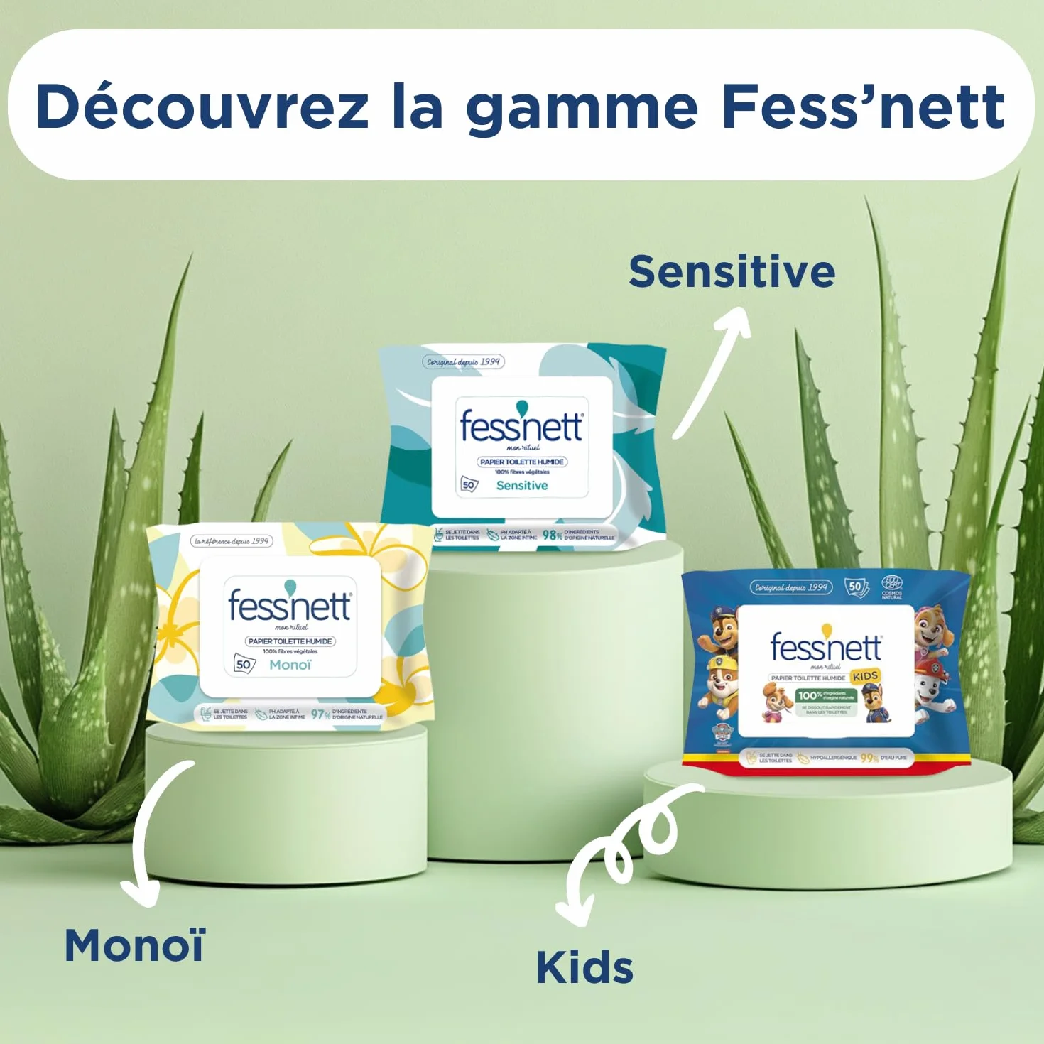 Fess'nett papier toaletowy, wilgotny, pocket, zielony, aloes, 50 sztuk – testowany dermatologicznie 0% parabenów, 0% fenoksyetanolu – do skóry normalnej