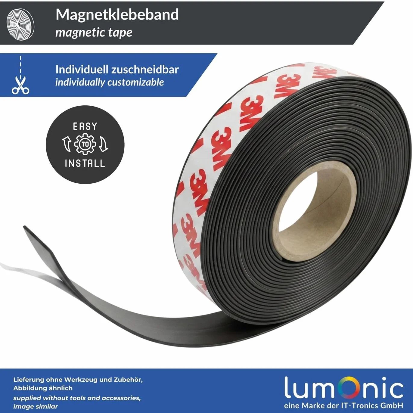 Lumonic 5m Magnetyczna tasma klejaca | 20x1mm | Elastyczny, samoprzylepny, moze byc przycinany do rozmiaru, bez wiercenia | Moskitiera, szkola i tablica