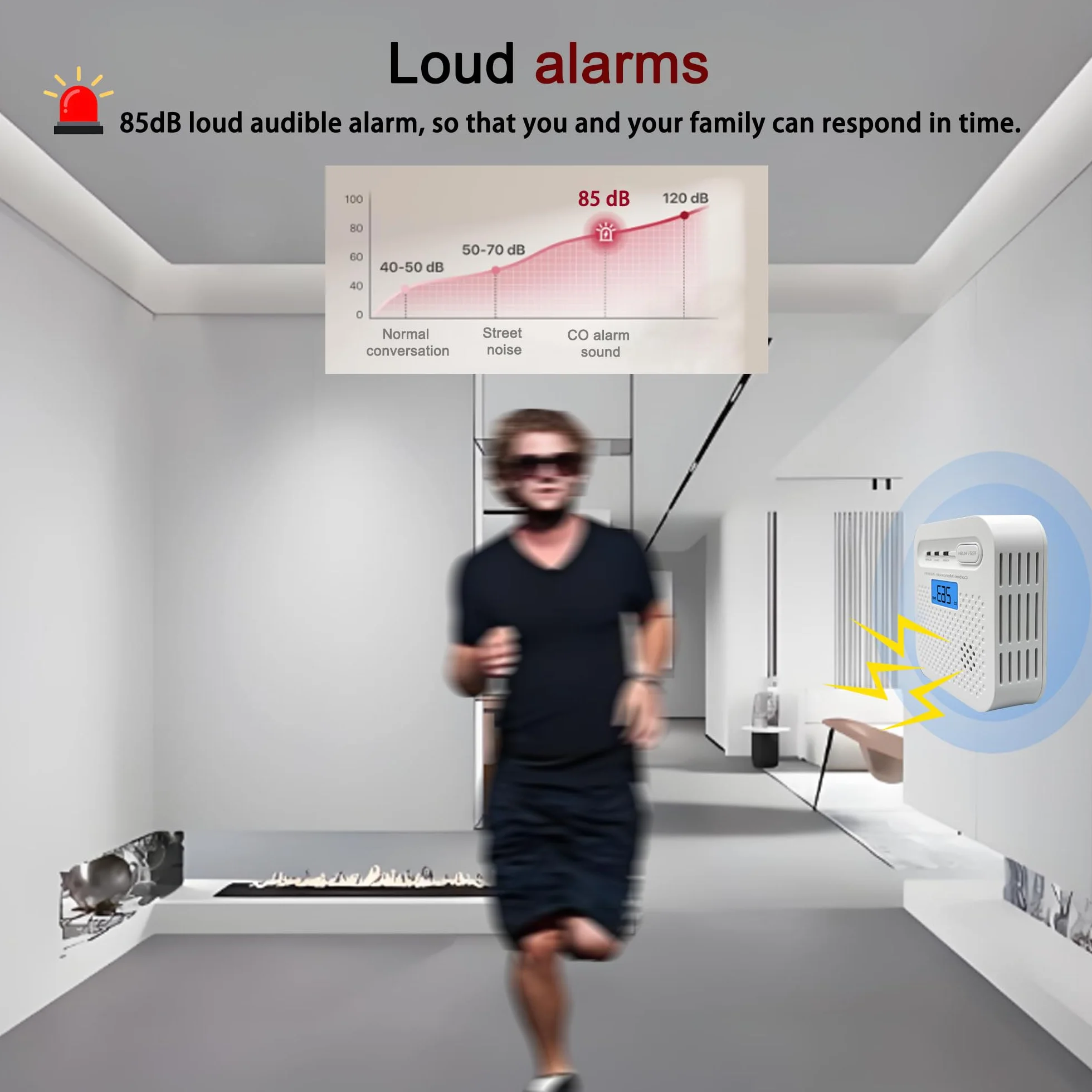 Czujnik tlenku węgla 10-letni z baterią, wyświetlacz LCD, alarm 85 dB, certyfikat EN 50291