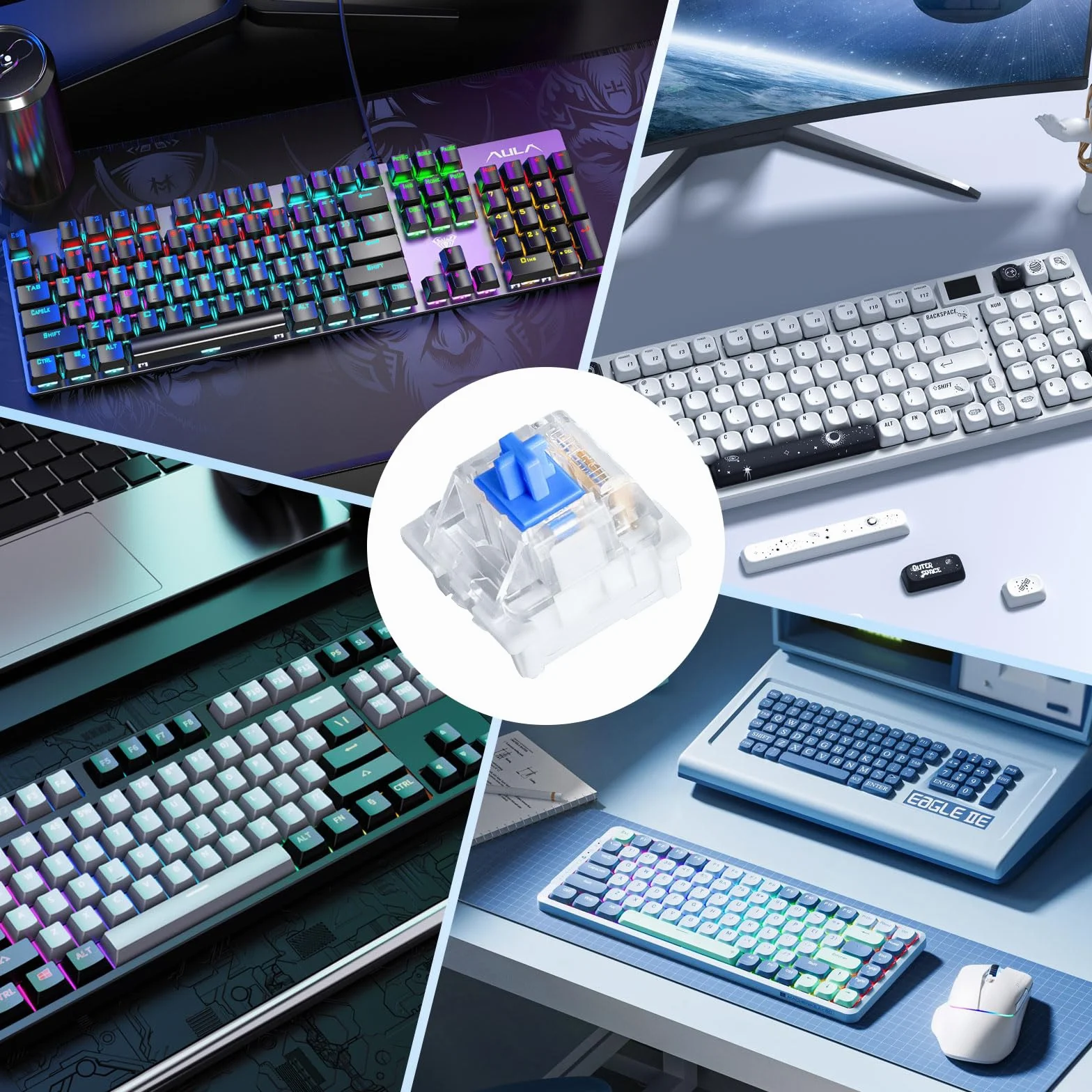 20 niebieskich przełączników klawiaturowych, przełączników klawiaturowych z wyciąganiem, 3 piny, zamiennik Blue Switch, przezroczysta obudowa do akcesoriów PC i klawiatur mechanicznych DIY
