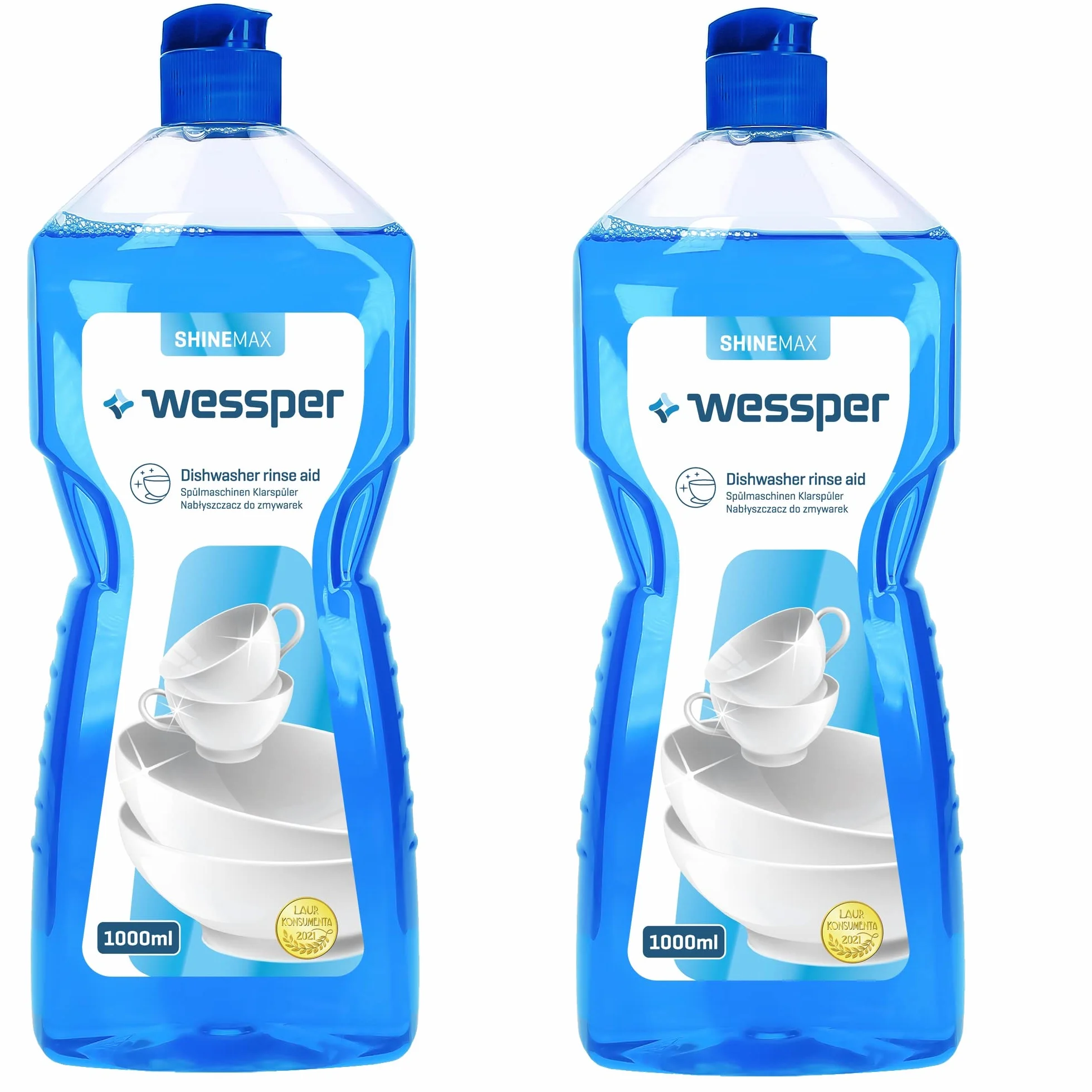 Wessper ShineMax 2 sztuki płyn nabłyszczający do zmywarki, odpowiedni do każdego rodzaju zmywarki, do ochrony koloru i połysku, do błyszczących szklanek, filiżanek, talerzy, garnków i patelni, 2x 1000 ml