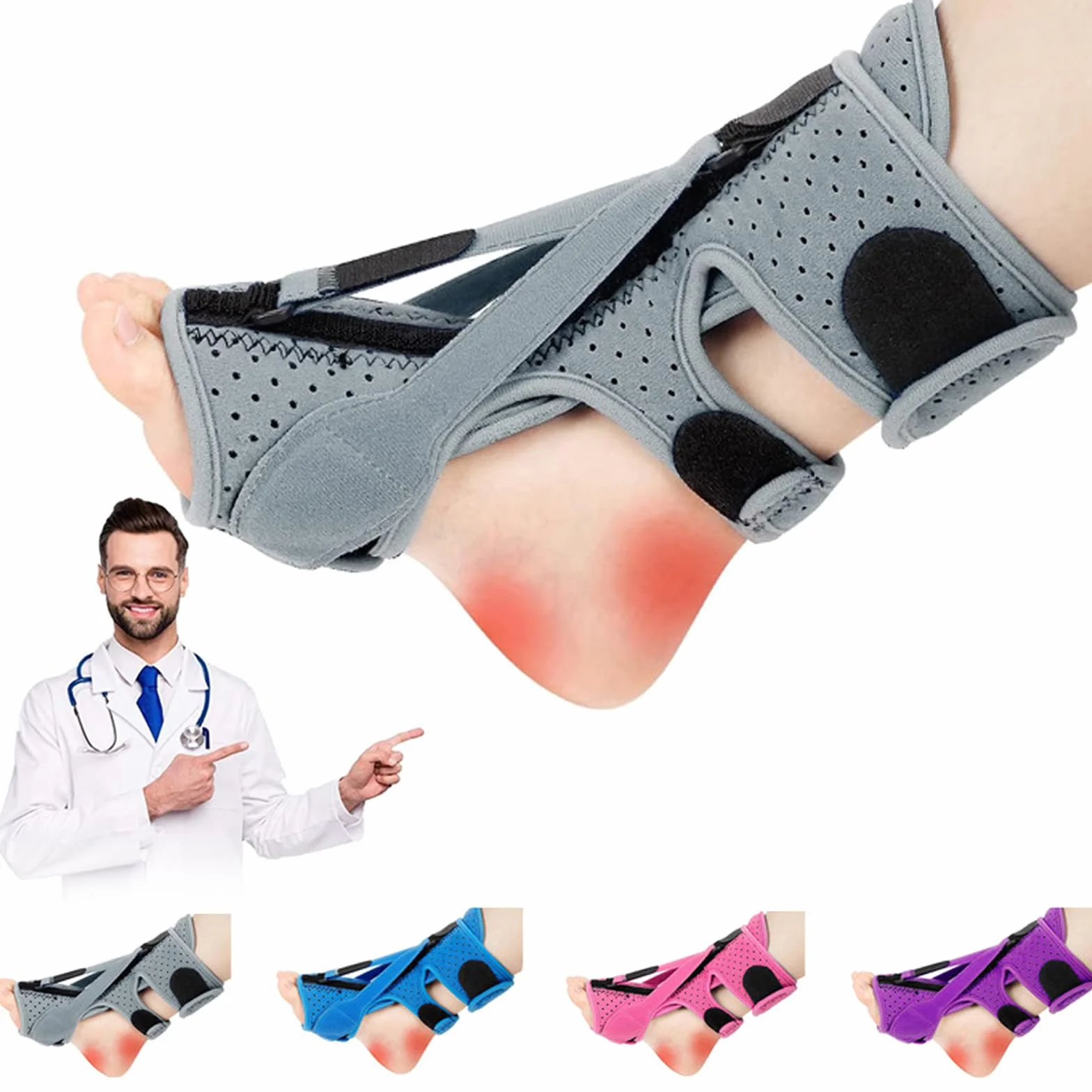 Plantarfasciitis szyna nocna z 3 regulowanymi paskami szara