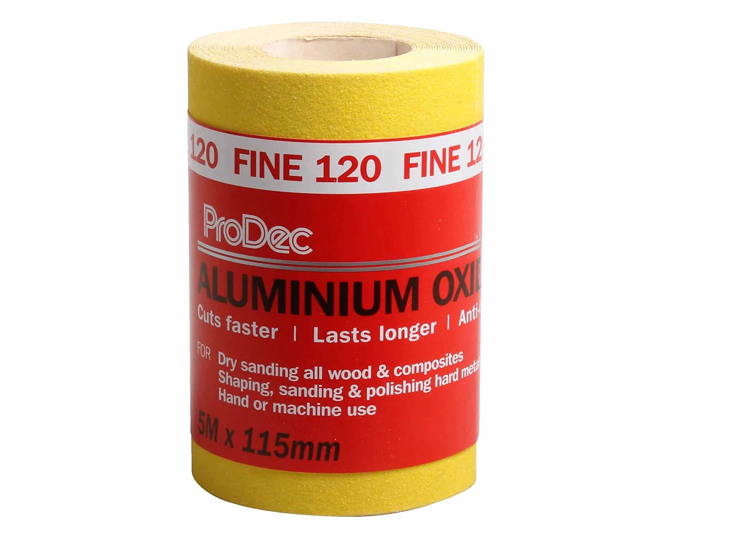 ProDec 5 m rolka 120 g drobnoziarnistego żółtego papieru ściernego z tlenku glinu do szlifowania drewna, farby, tynku, szpachli, metalu i innych materiałów, szerokość 115 mm