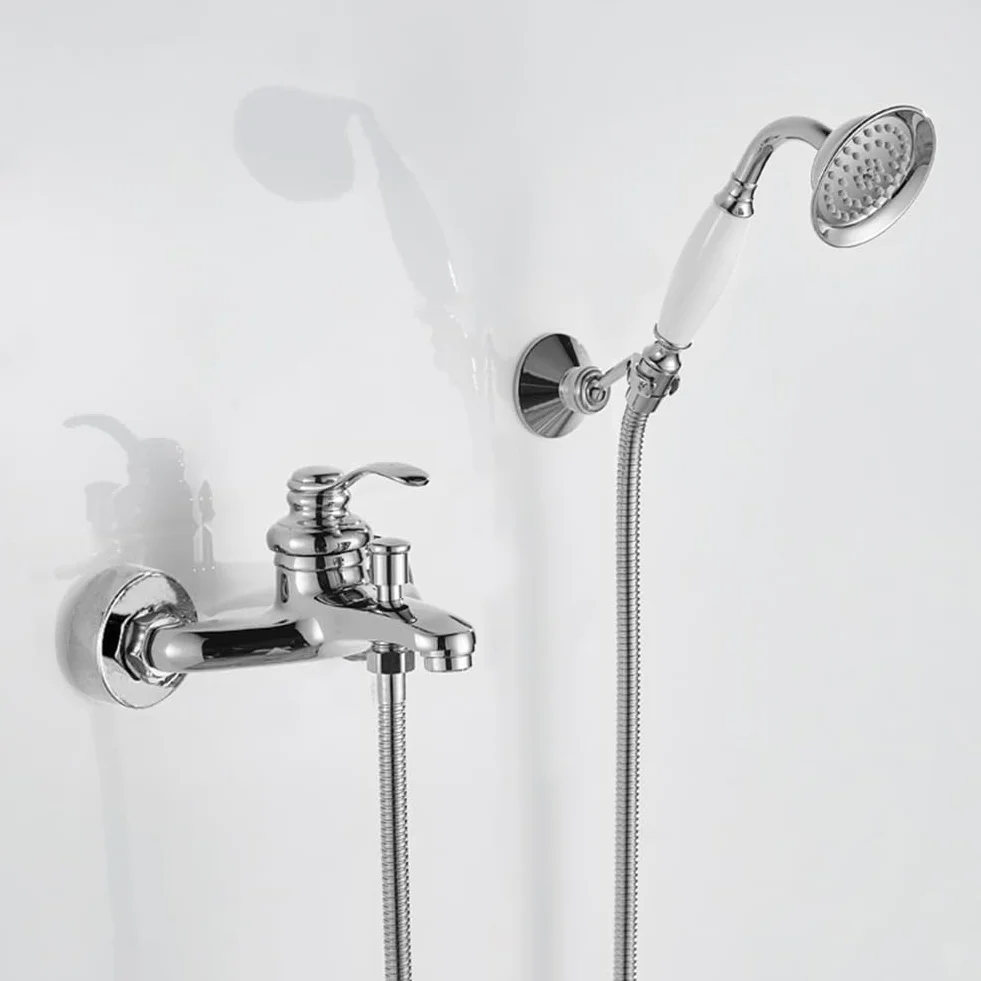 Mosiężna bateria wannowa w stylu vintage z ręcznym prysznicem – naścienny mikser retro, chromowane wykończenie, wąż 150 cm, idealny do eleganckiej renowacji łazienki