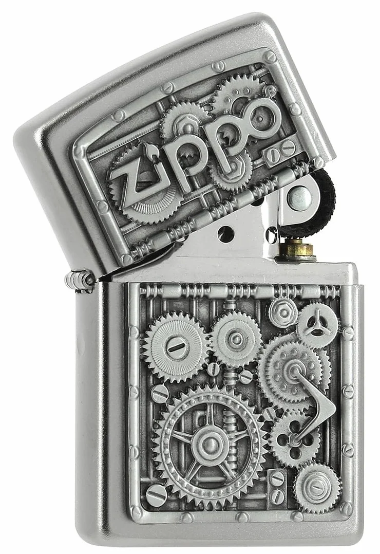 Zippo Zapalniczka Sztormowa, Gear Wheels, Satynowy Chrom, Emblemat, do Napełniania, Wielokrotnego Użytku, Odporna na Wiatr, Pudełko Prezentowe, Wyprodukowana w USA