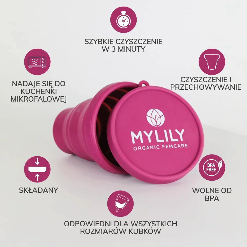 MYLILY® Kubeczki menstruacyjne do czyszczenia i przechowywania | sterylizator do wszystkich rodzajów kubeczków menstruacyjnych | składane etui do mikrofalówki | 100% silikon medyczny