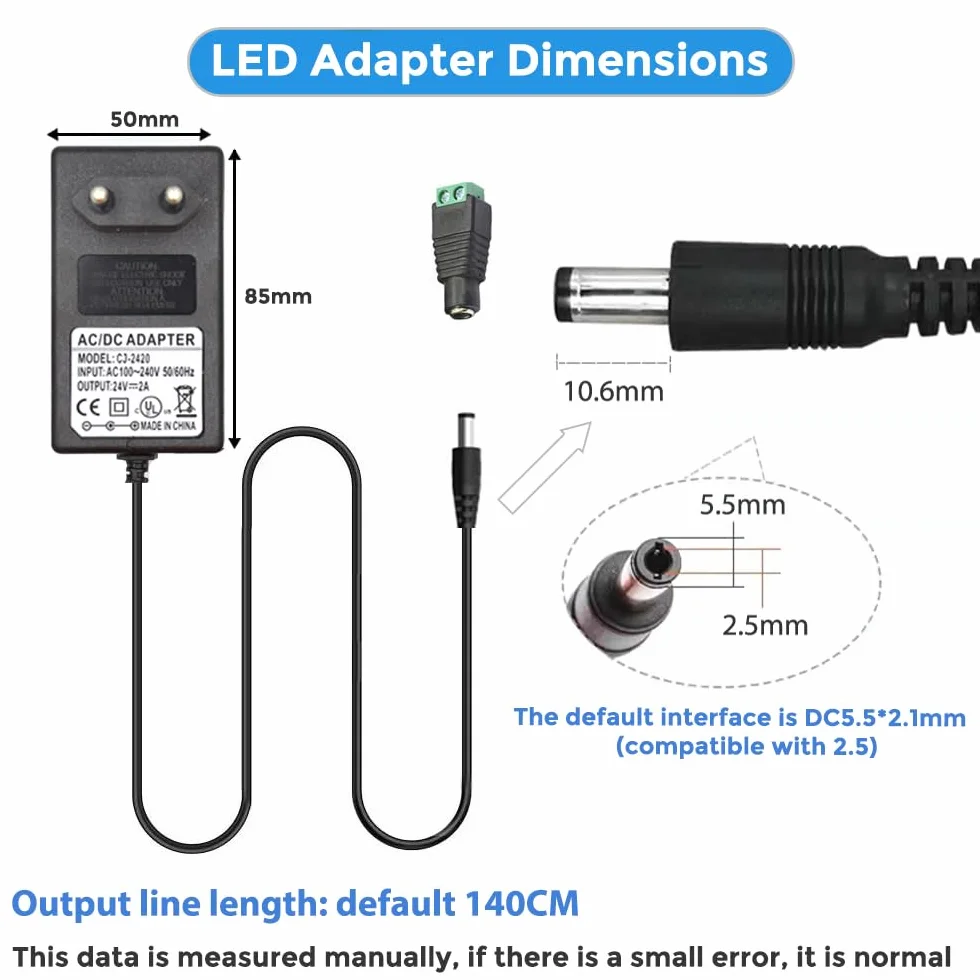 Arotelicht Zasilacz sieciowy LED 24 V 2 A AC 100-240 V transformator 48 W adapter 5,5 x 2,1/2,5 mm - prąd stały, bez migotania i ochrona bezpieczeństwa (bez ładowarki), wtyczka EU