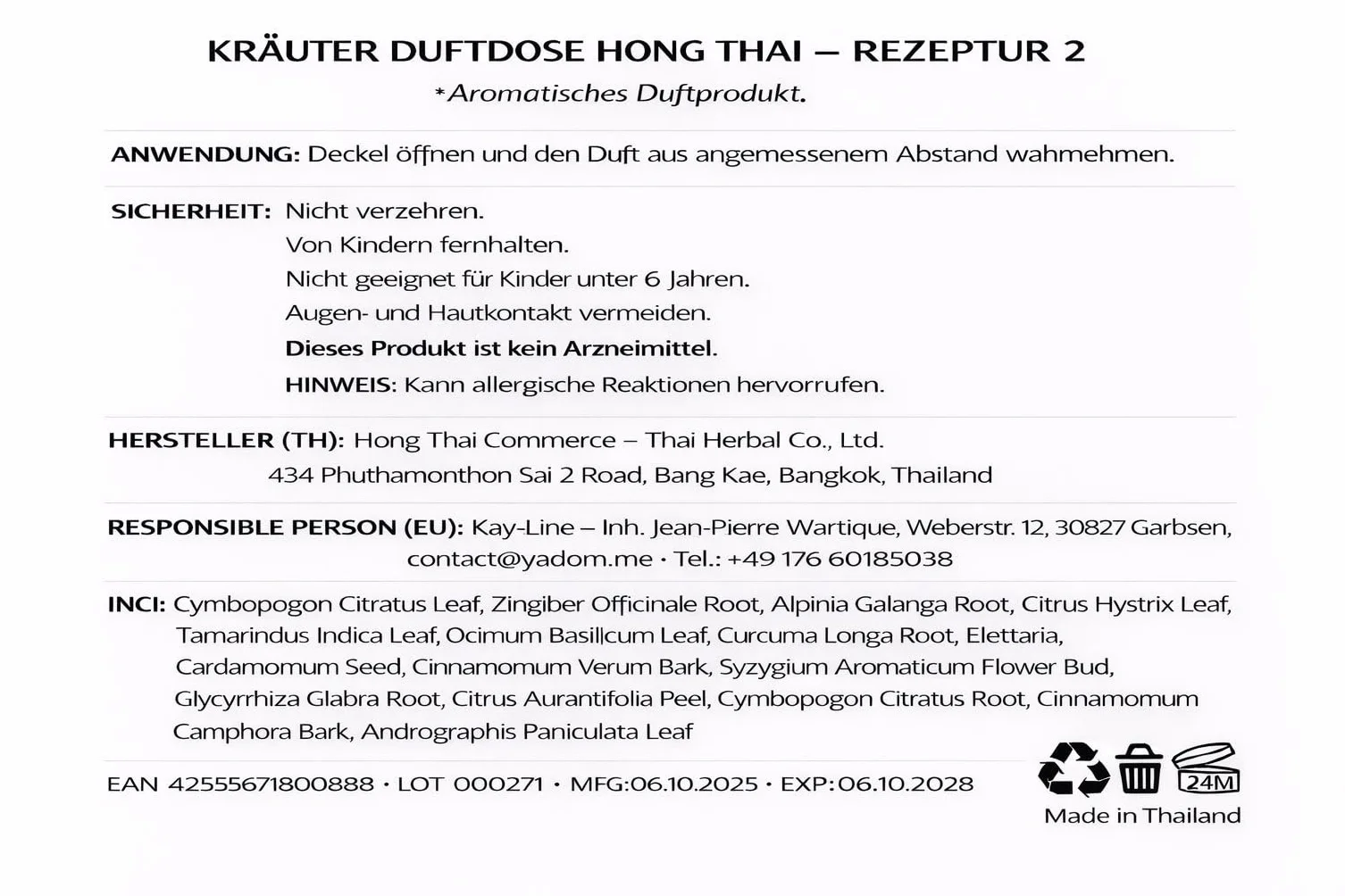Hong Thai Puszka zapachowa – naturalne odświeżenie tajskimi ziołami i olejkami – 1 sztuka
