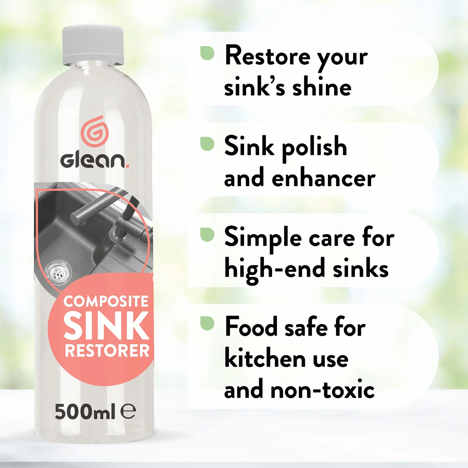 GLEAN Kompozytowy regenerator zlewu | 500 ml | Przywraca wyblakłe i wyblakłe zlewozmywaki kompozytowe z granitu i kwarcu | Nadaje się do wszystkich powierzchni | Nietoksyczna formuła odpowiednia dla