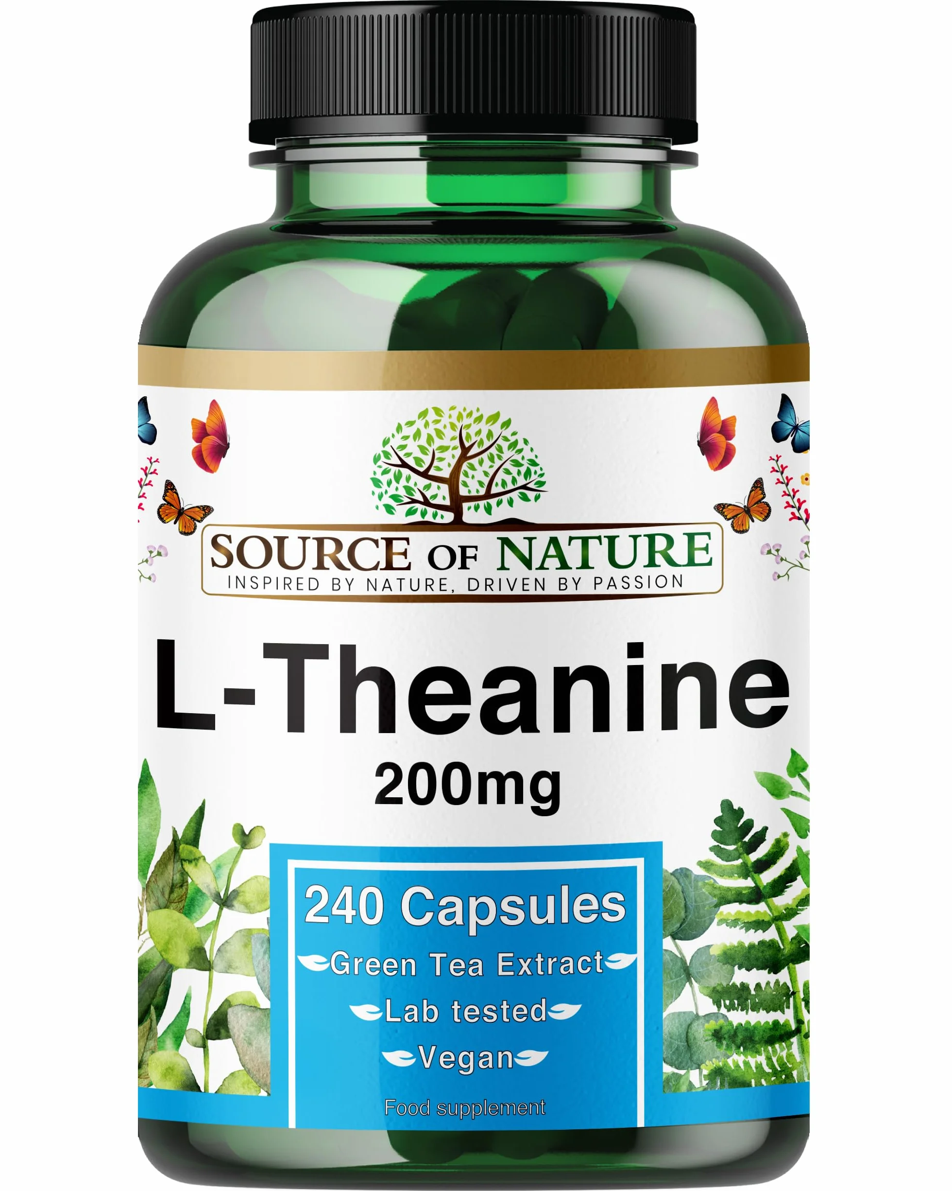 L-Teanina 200 mg – 240 Kapsułek Wegetariańskich – Aminokwas o Wysokiej Mocy z Zielonej Herbaty | Zapas na 8 Miesięcy | 98% Czystości, Bez Dodatków | Wyprodukowano w Danii