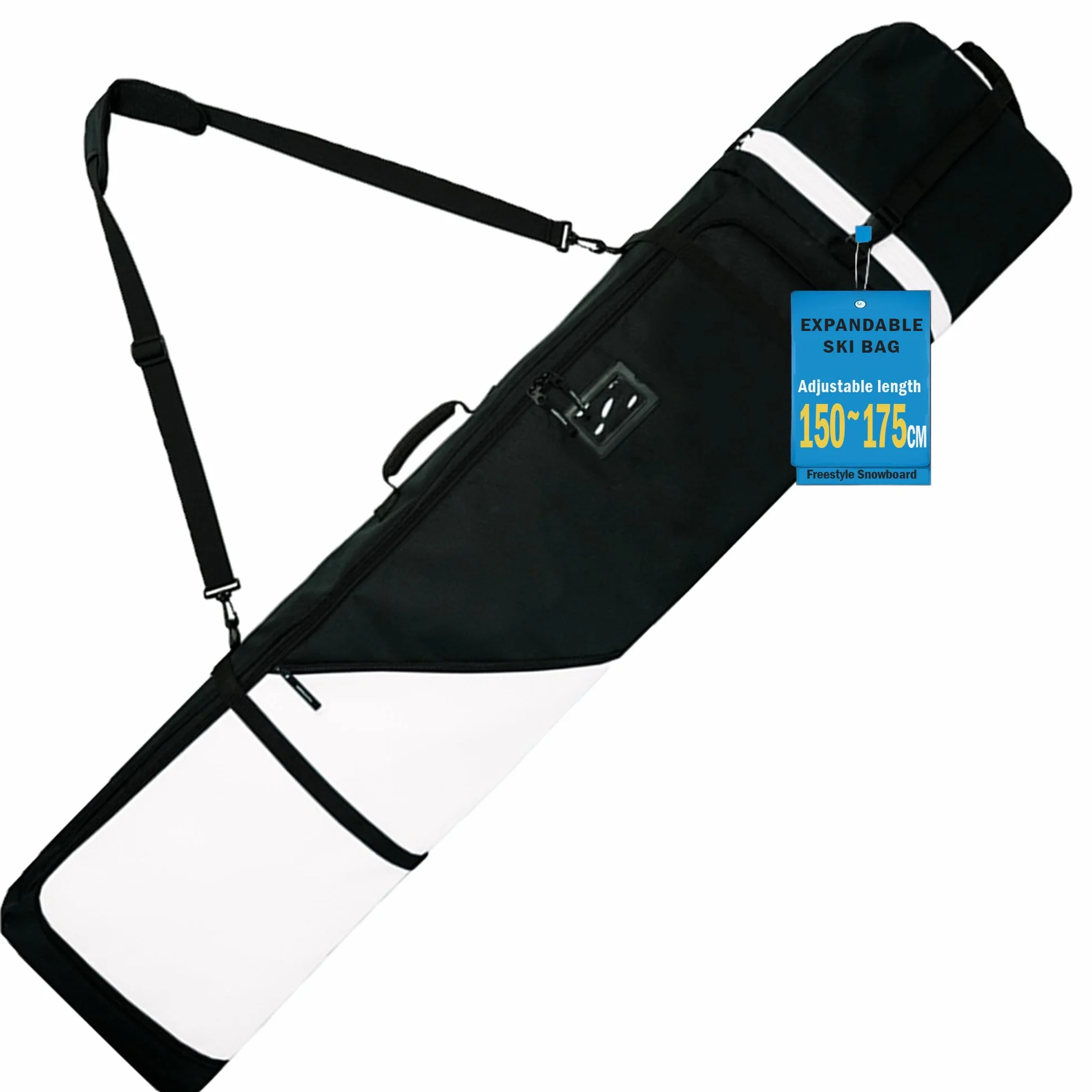 AUMTISC Torba snowboardowa, wyściełana, wytrzymała torba narciarska z wodoodporną podszewką, regulowane paski na ramię, pasuje do desek snowboardowych 155-180 cm, czarna/niebieska