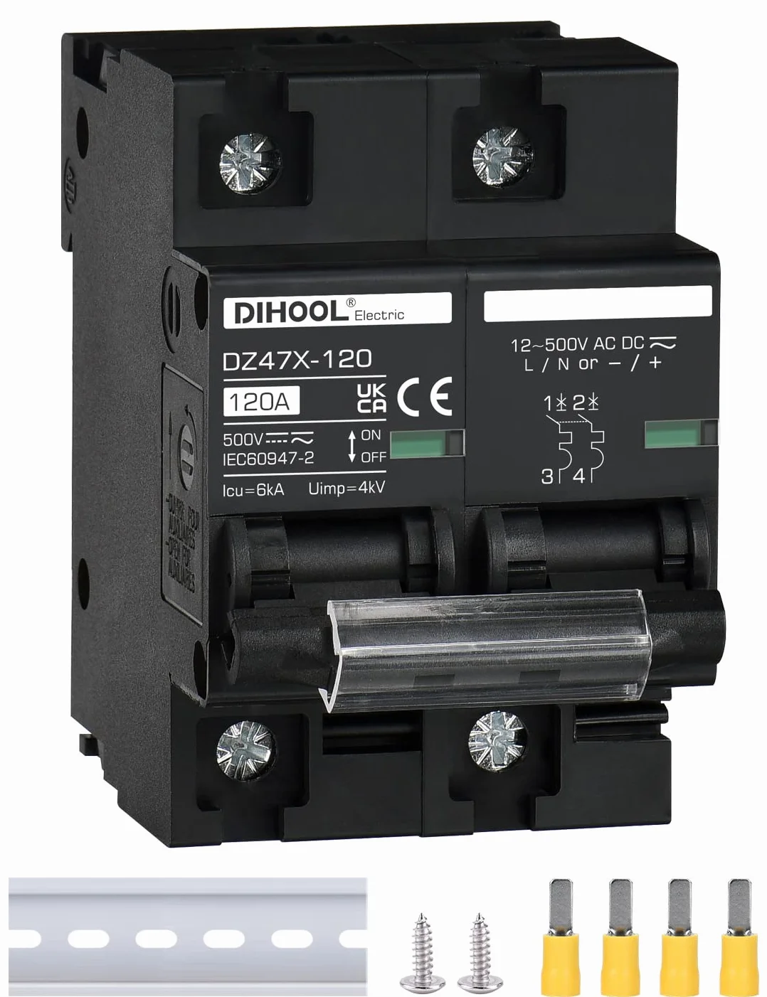DIHOOL Wyłącznik DC 12V 24V Solar PV Bezpiecznik fotowoltaiczny automatyczny (DC500V,2 Pole 125A)