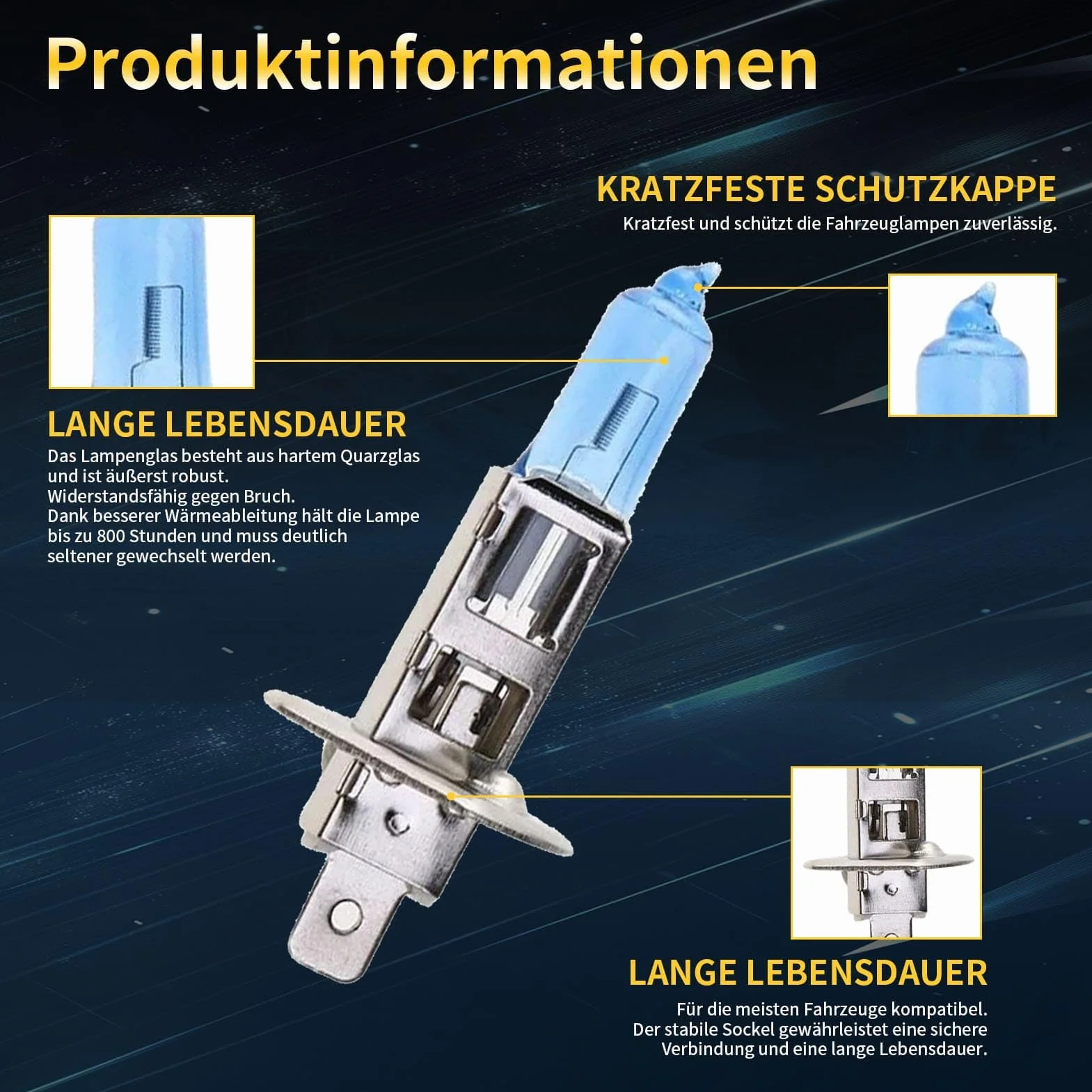 H1 Halogen Auto Lampe 12V 60W – Extra Hell & Ultra Langlebig – 6000K Weißlicht für Klarere Nachtsicht – Stoßfest, Plug-&-Play H1 Scheinwerfer für Abblendlicht & Fernlicht (2 Stück)