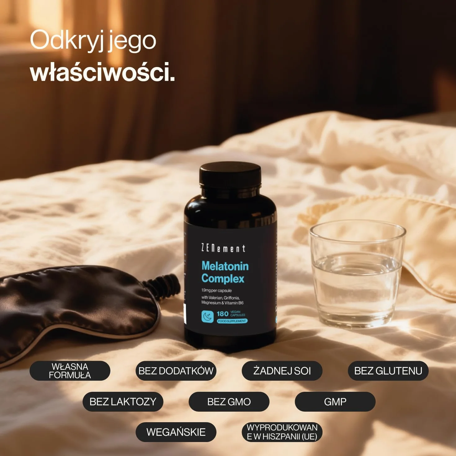 Melatonina Complex 1,9 mg z Griffonią 20 mg 5-HTP, Walerianą, Magnezem i Witaminą B6 – 180 Wegańskich Kapsułek – Zenement