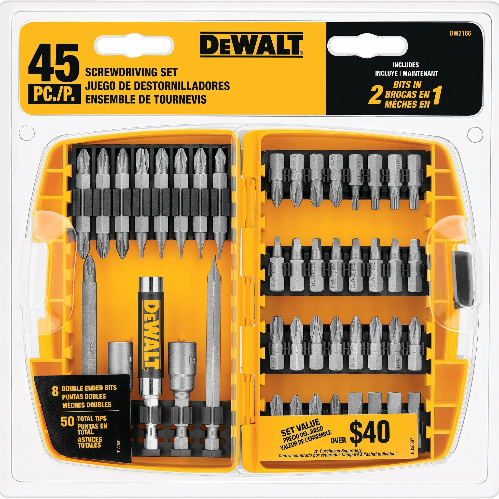 DEWALT Zestaw wkrętaków z wytrzymałą obudową, 45-częściowy (DW2166), zestaw wkrętaków szarych/srebrnych z wytrzymałą obudową