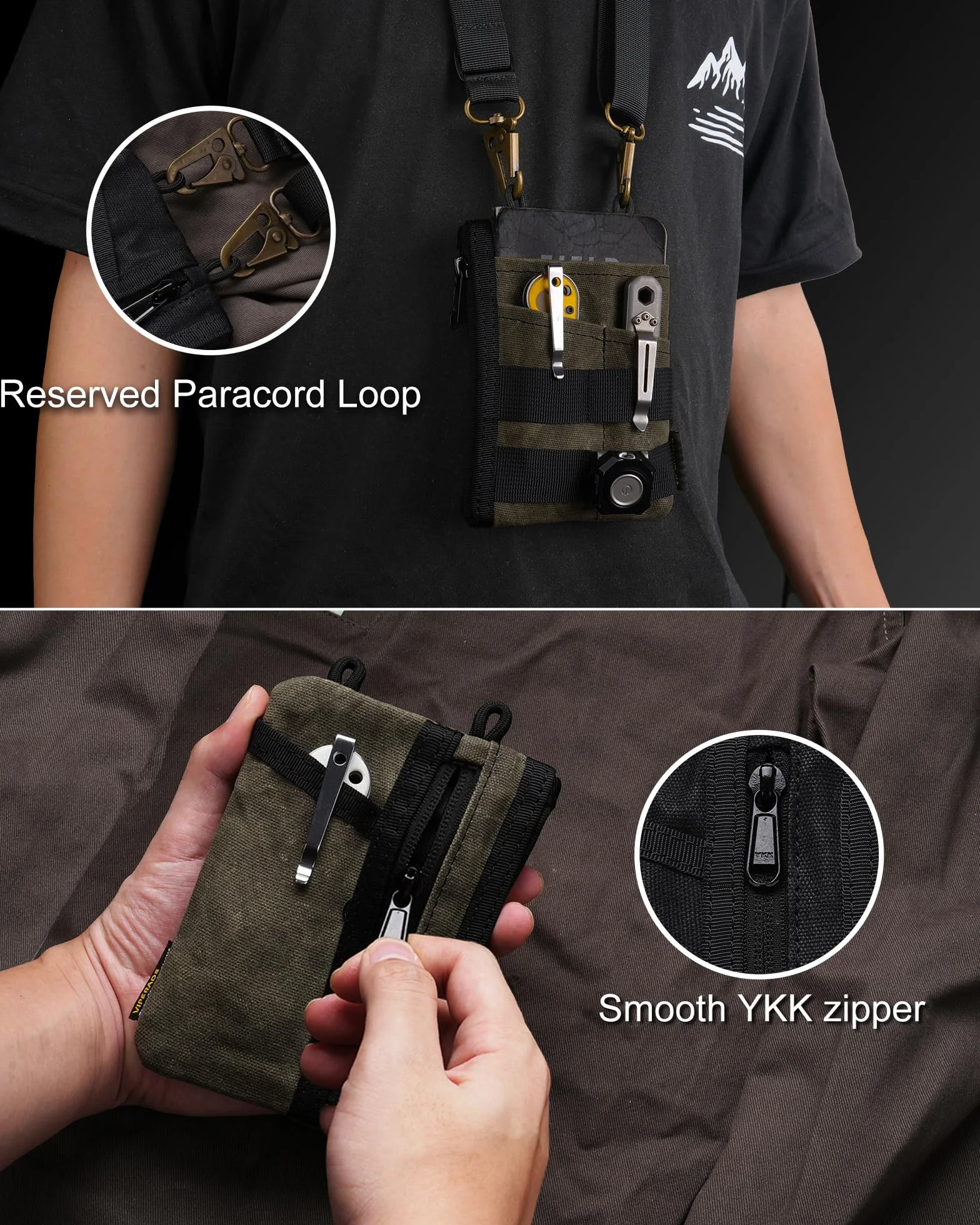 VIPERADE VE18N-OW smukła torba EDC z woskowanego płótna, minimalistyczny portfel dla mężczyzn, organizer EDC na multitool (Zielony)
