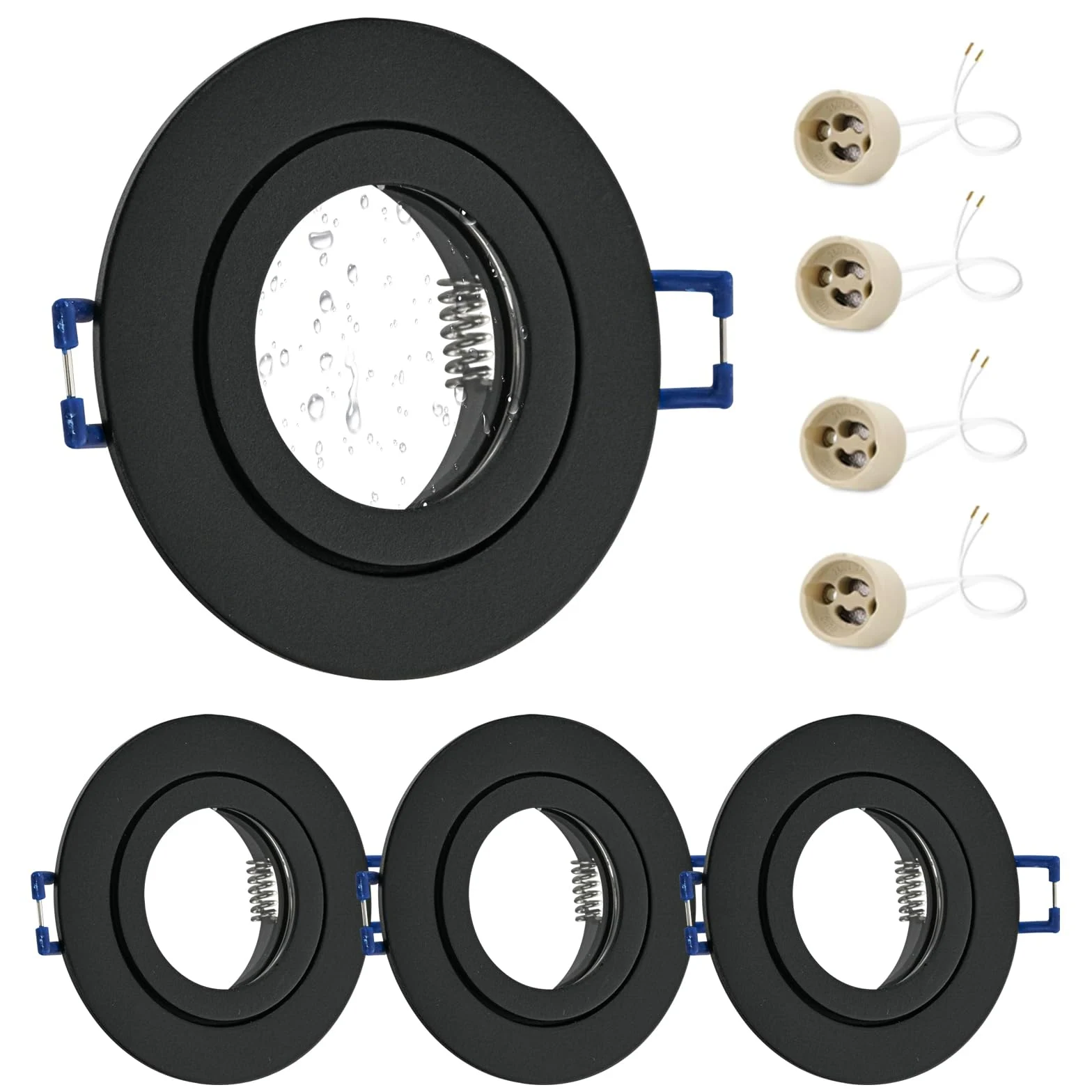 GeyouLux 4x wpuszczana lampa punktowa LED 230 V IP44 Rama z gniazdem GU10, czarne aluminiowe reflektory sufitowe z aluminium, okrągłe płaskie reflektory łazienkowe rama montażowa 68 mm na zewnątrz -