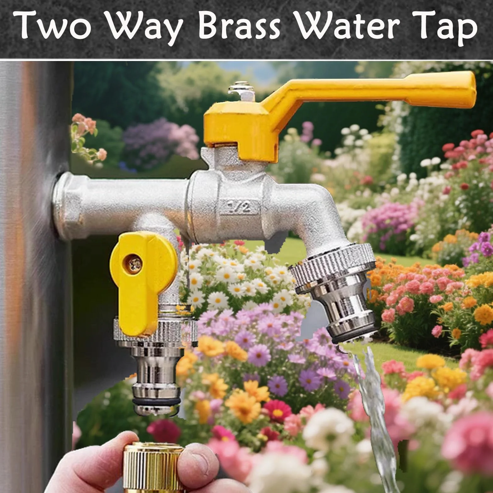 Brass Double Water Tap, 1/2 cala podwójny wylot ogrodowy Tap Antifreeze Double Output Faucets with 4 Connectors für Outdoor Garden Washing Machine Rain Barrel Household Industry (Yellow)