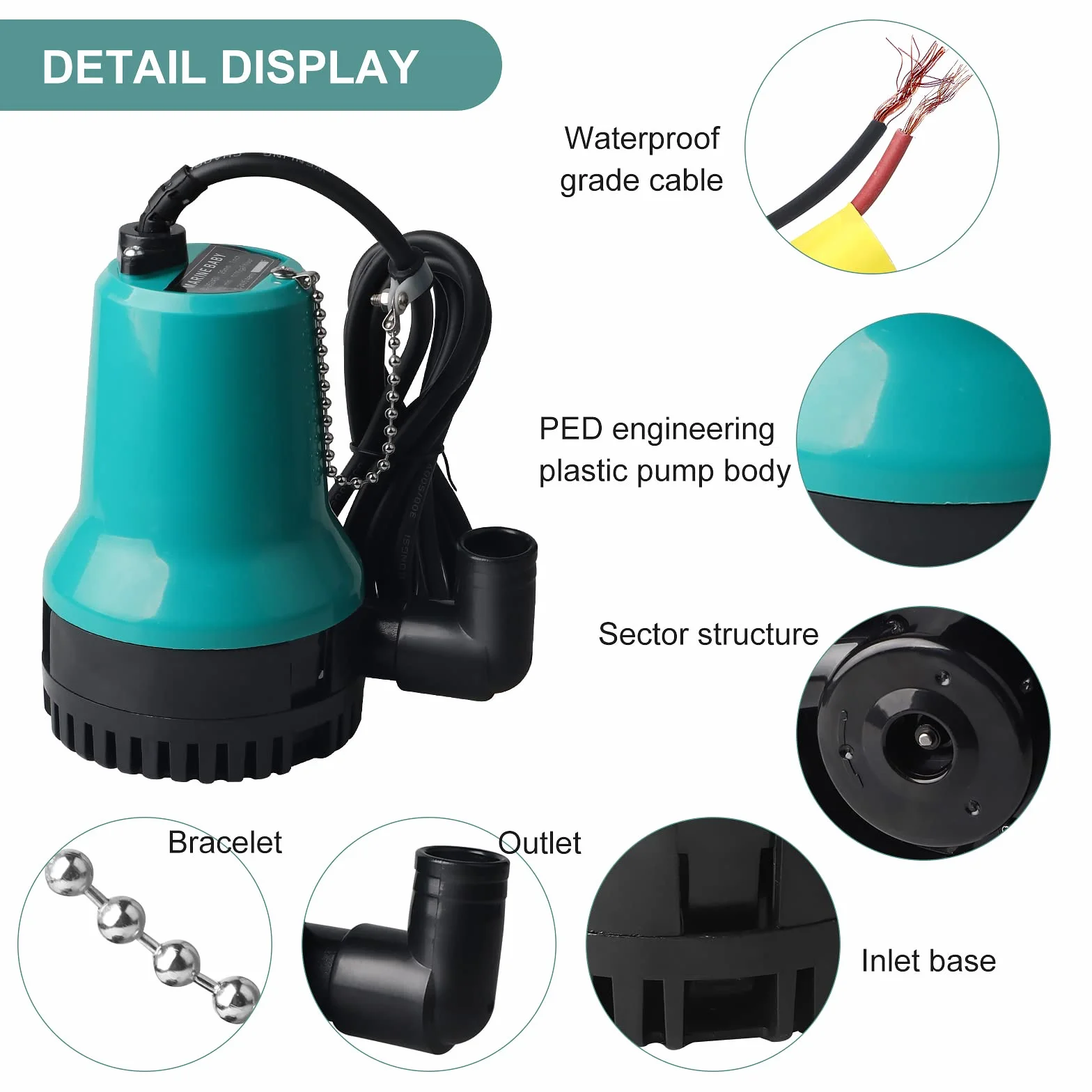 SWAWIS Pompa zanurzeniowa do brudnej wody DC 12 V, 50 W, 4200 l/h, pompa głębinowa, pompa wodna, przewód 2,3 m, z zaciskiem, do stawu rybnego