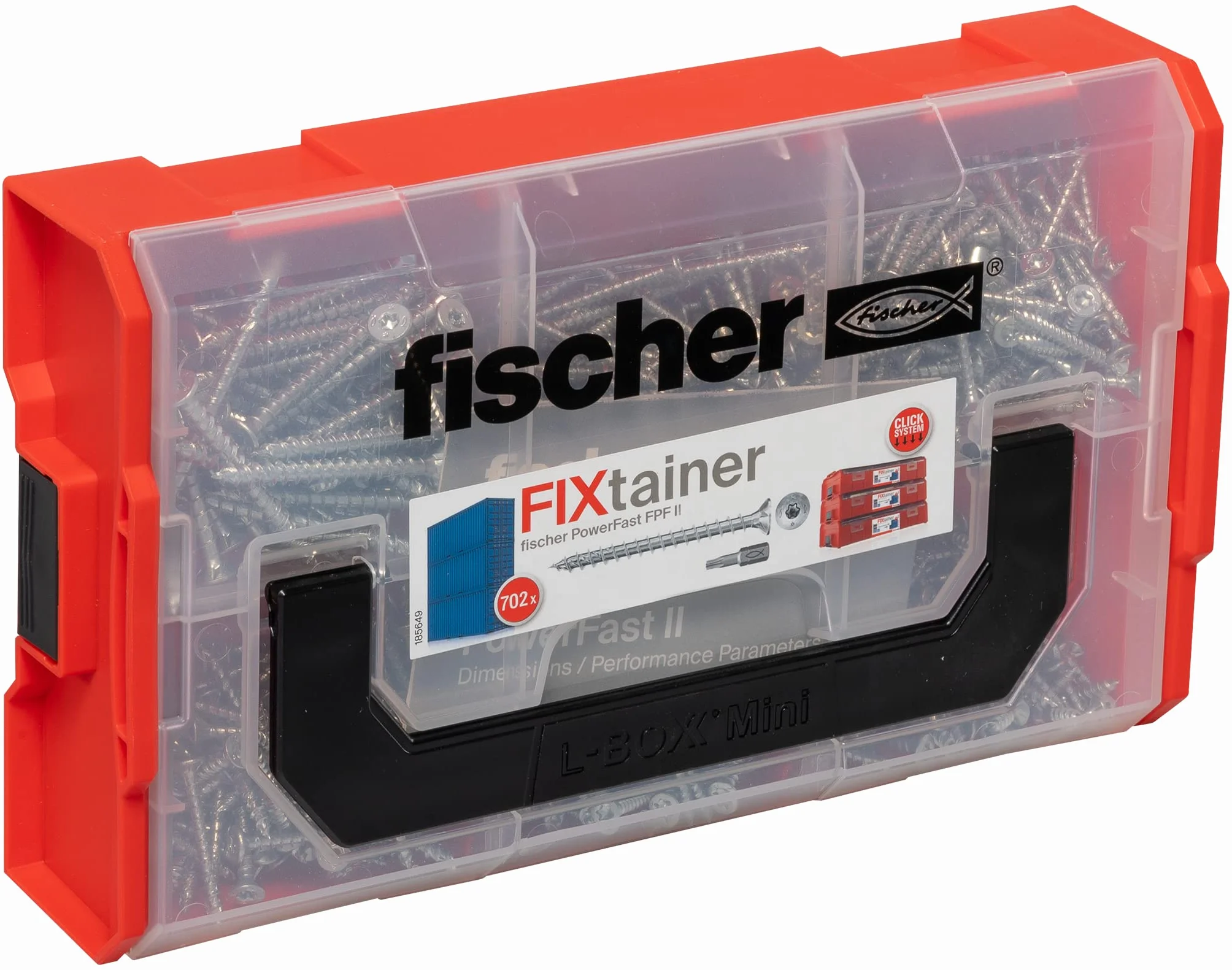 Wkręty do płyt wiórowych fischer FixTainer PowerFast II, wstępnie posortowane pudełko asortymentowe z 700 wkrętami i 2 końcówkami, łeb stożkowy, pełny gwint i napęd TX, uniwersalny zestaw mocujący