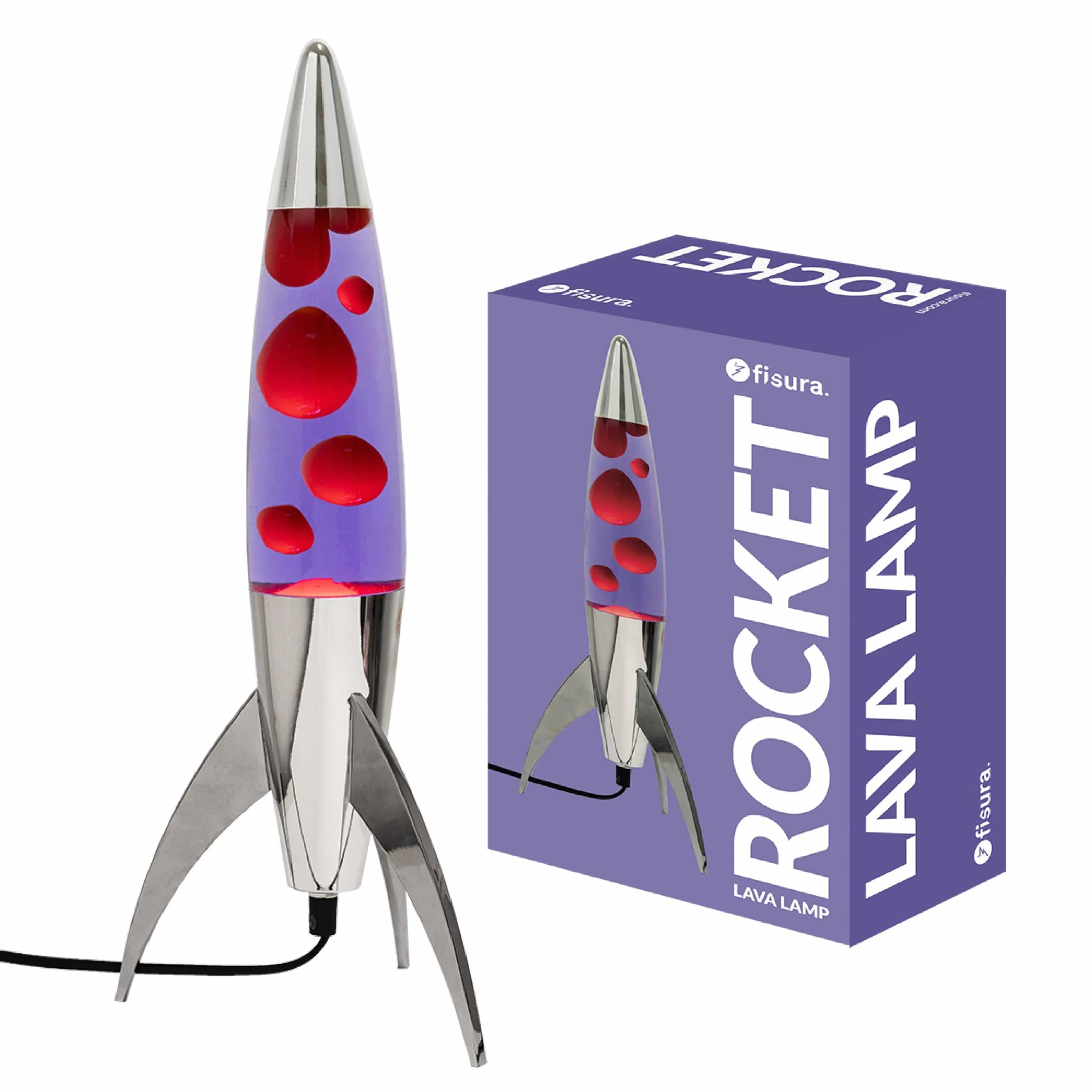 Fisura - Fioletowa lampa lava "rocket". Chromowana podstawa, fioletowy płyn i czerwona lawa. Retro lampa lava z zapasową żarówką. 20 cm x 20 cm x 45 cm.